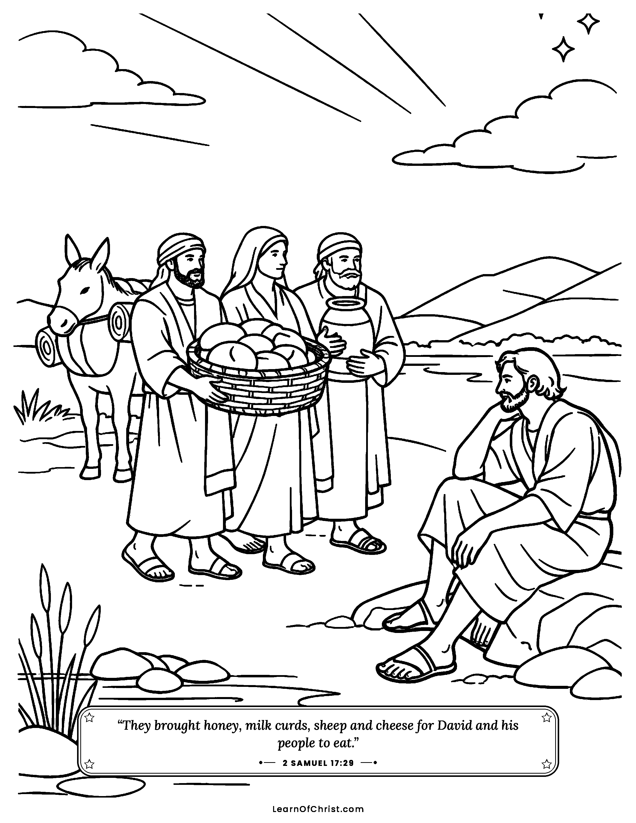 2 Samuel 17 coloring page - Friends bring food to tired travelers. Free printable Bible coloring sheet for kids.