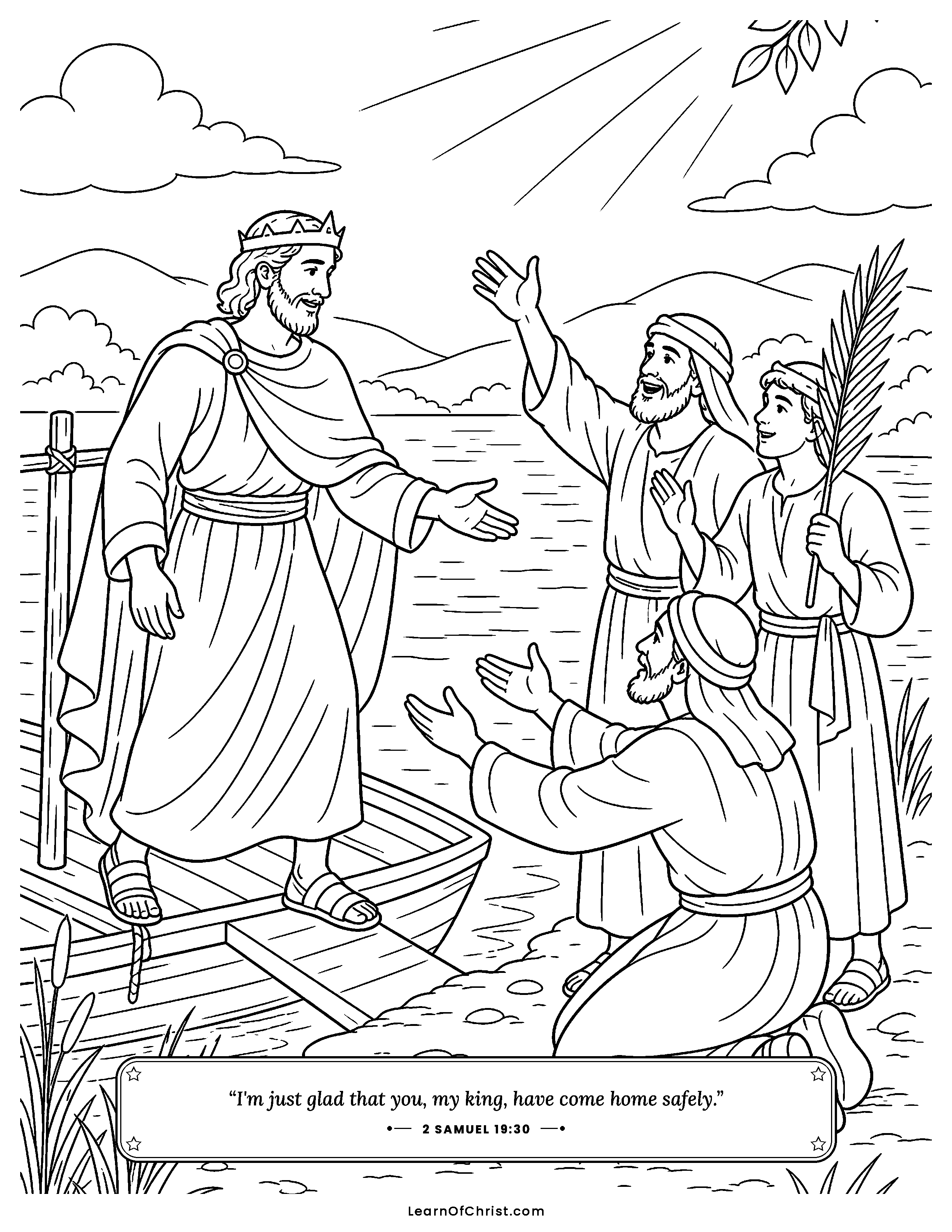 2 Samuel 19 coloring page - The king crosses the river coming home. Free printable Bible coloring sheet for kids.