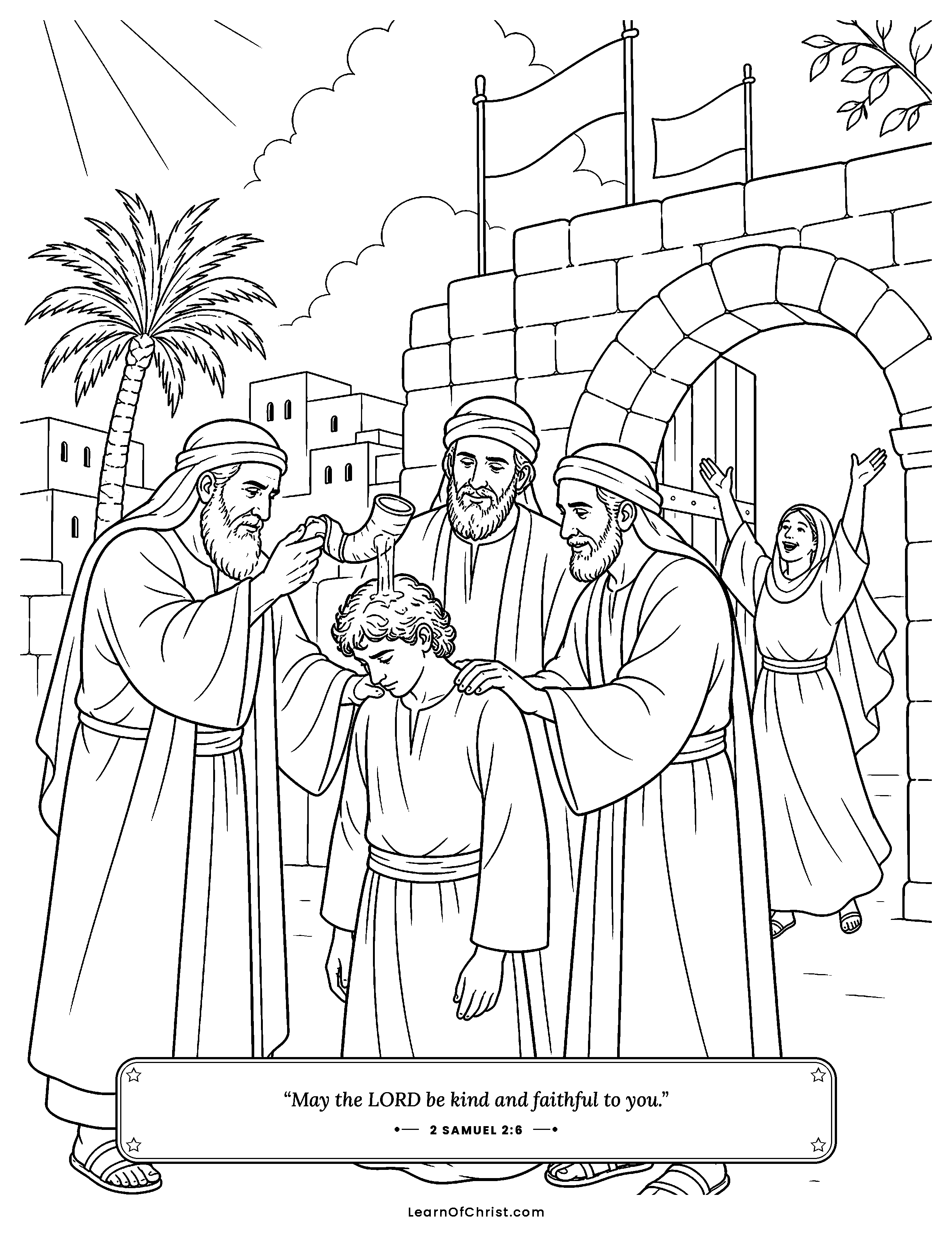 2 Samuel 2 coloring page - David is anointed king at Hebron. Free printable Bible coloring sheet for kids.
