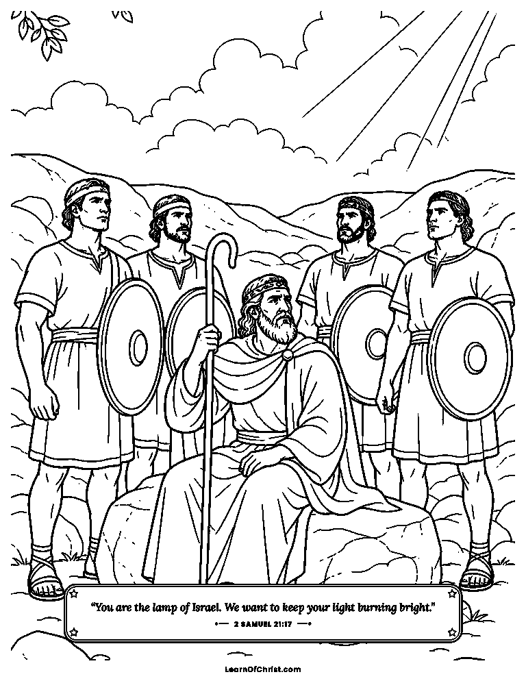 2 Samuel 21 coloring page - David's friends stand together around him