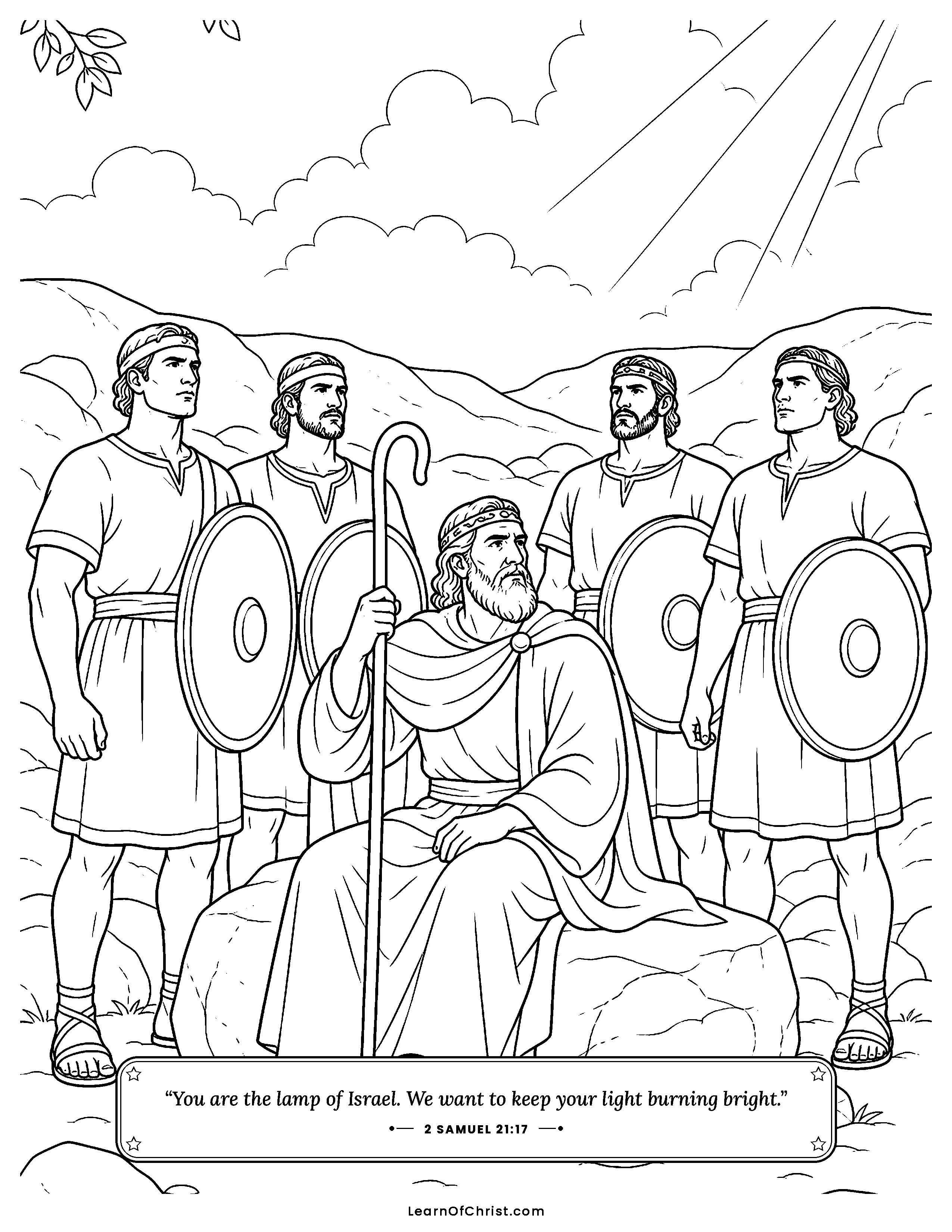 2 Samuel 21 coloring page - David's friends stand together around him. Free printable Bible coloring sheet for kids.