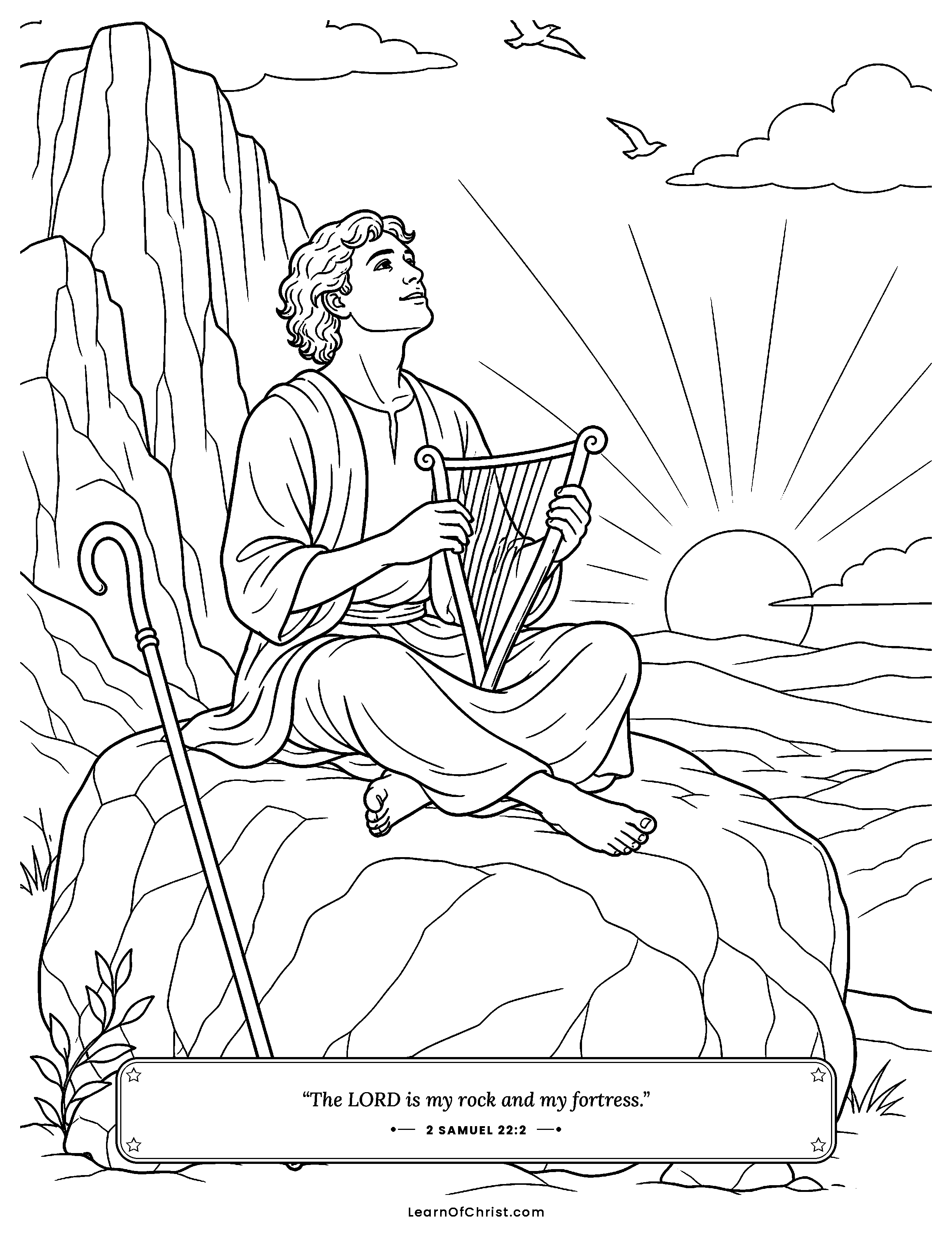 2 Samuel 22 coloring page - David sings that God is his rock. Free printable Bible coloring sheet for kids.