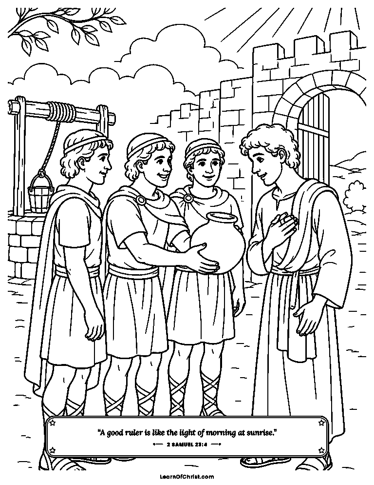 2 Samuel 23 coloring page - Three friends bring water from the well