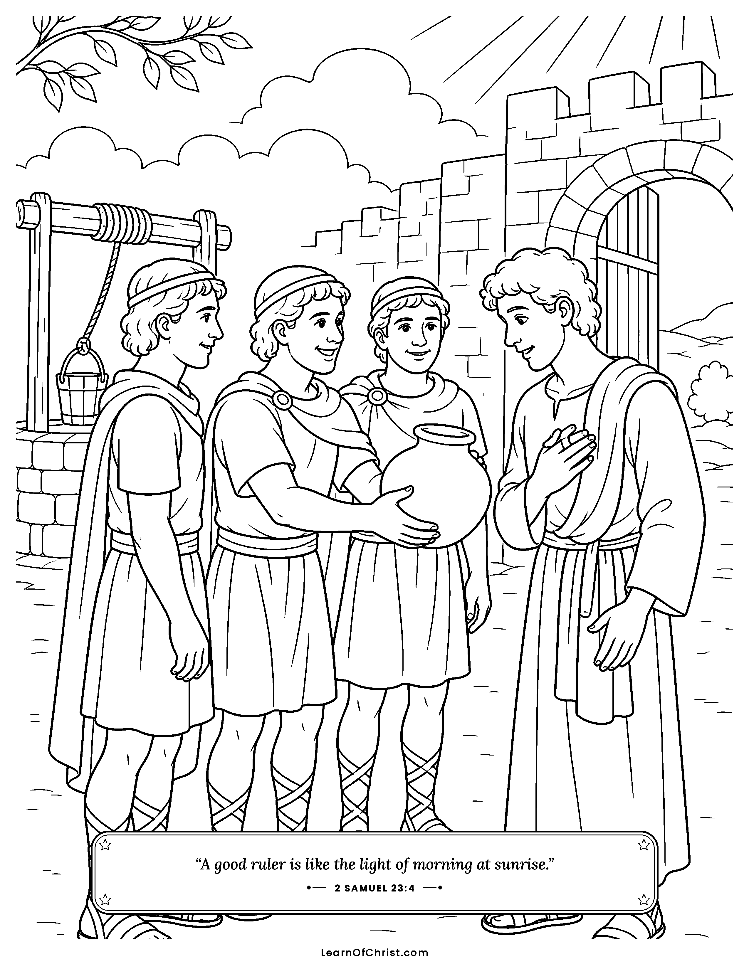 2 Samuel 23 coloring page - Three friends bring water from the well. Free printable Bible coloring sheet for kids.