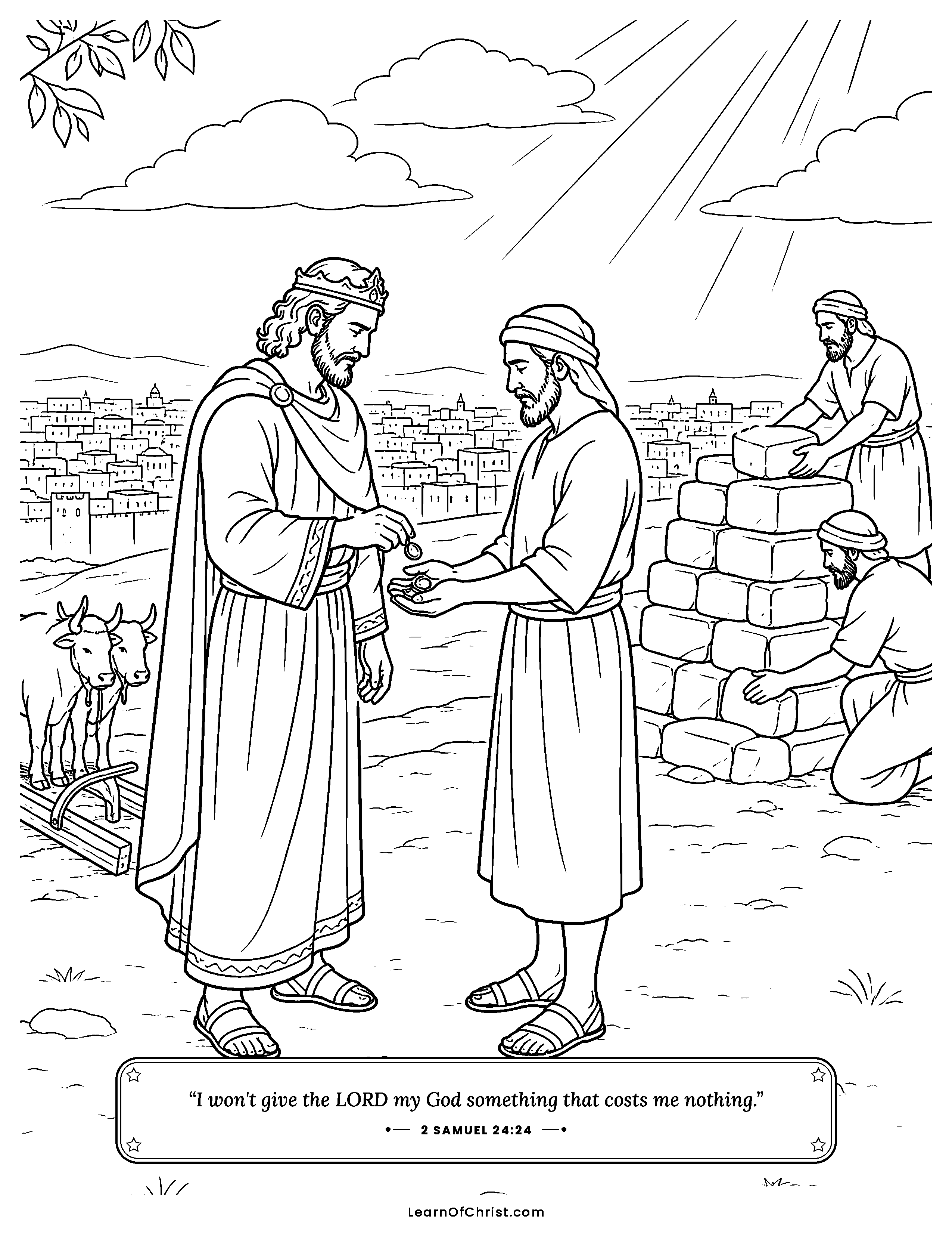 2 Samuel 24 coloring page - David buys the hilltop and builds an altar. Free printable Bible coloring sheet for kids.