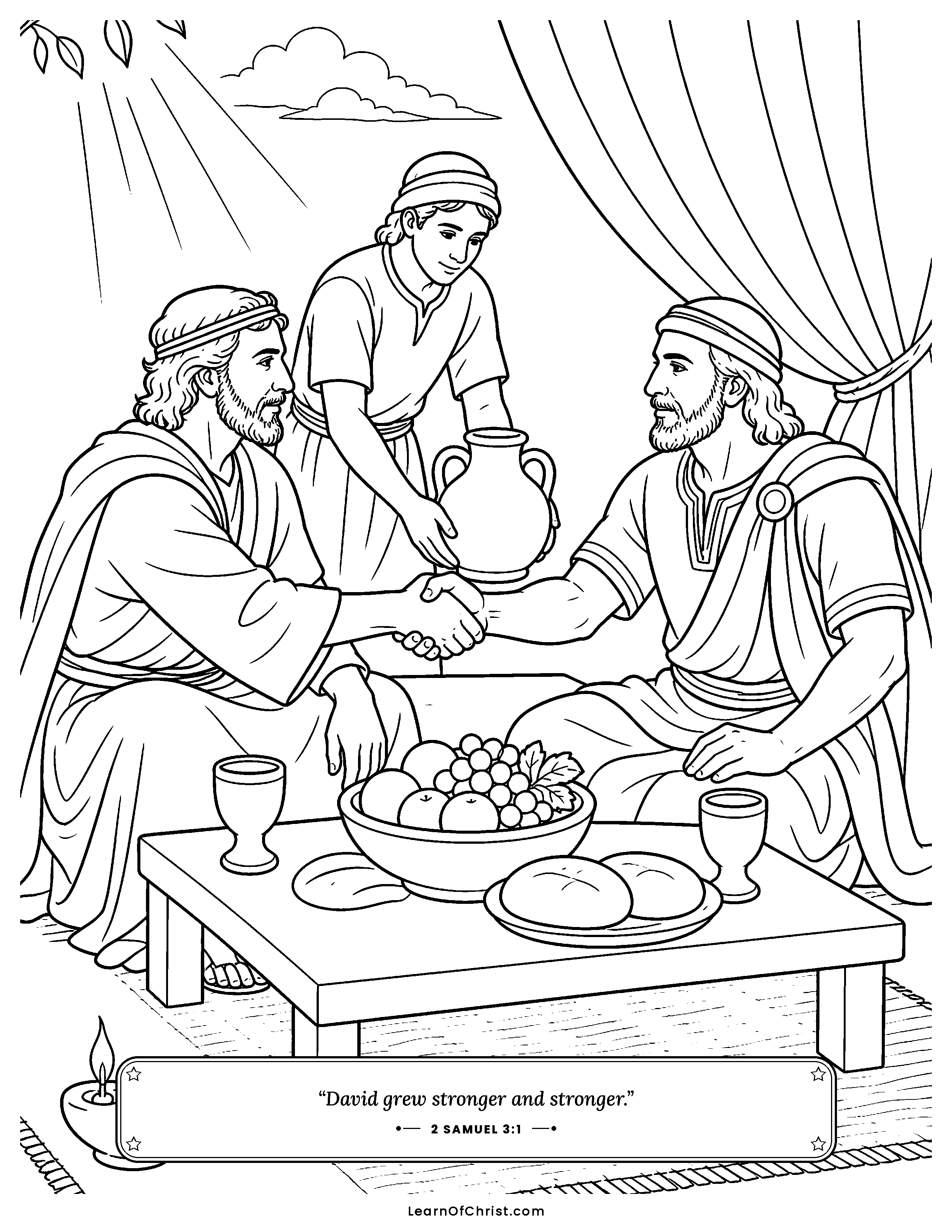 2 Samuel 3 coloring page - David welcomes a former enemy to his table. Free printable Bible coloring sheet for kids.
