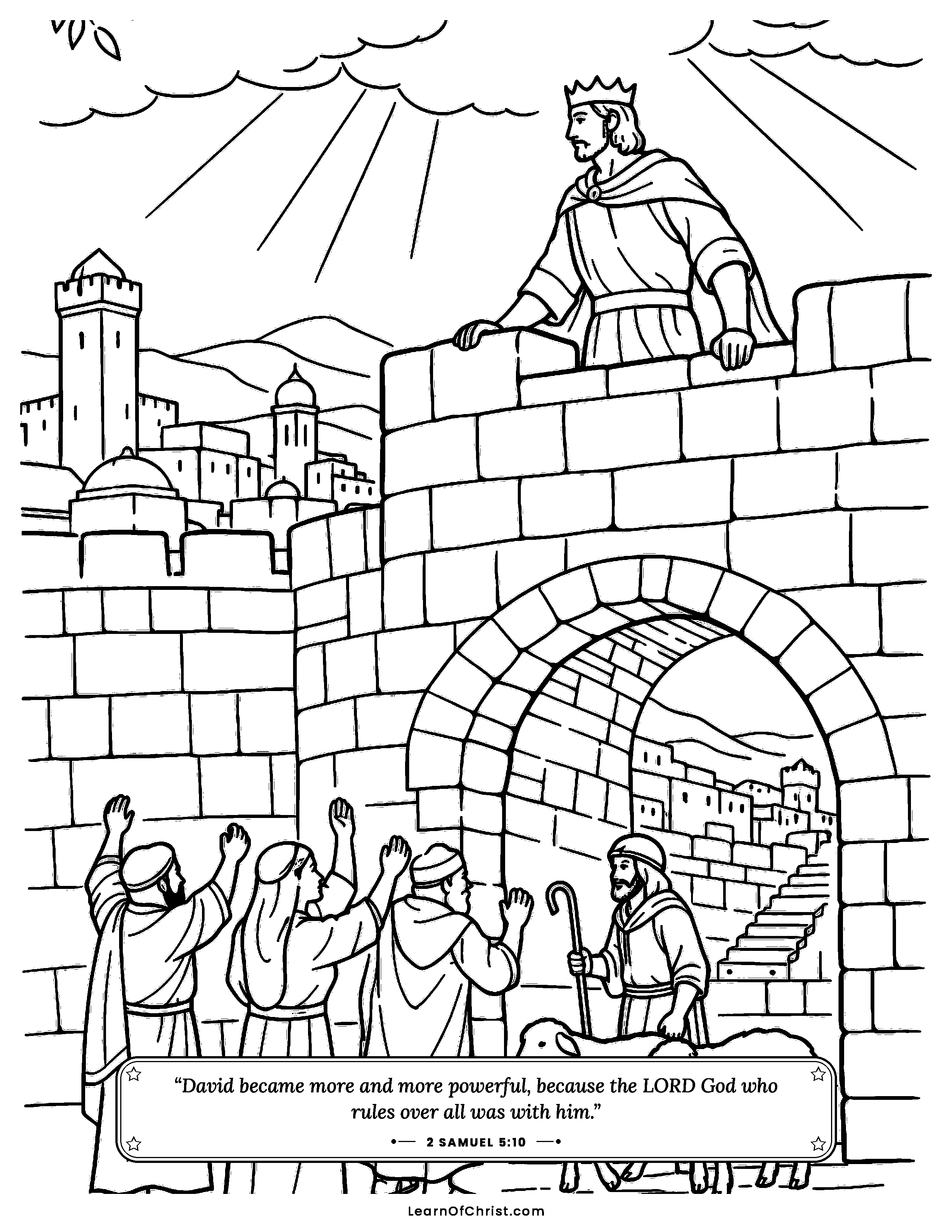 2 Samuel 5 coloring page - David makes Jerusalem his royal city. Free printable Bible coloring sheet for kids.