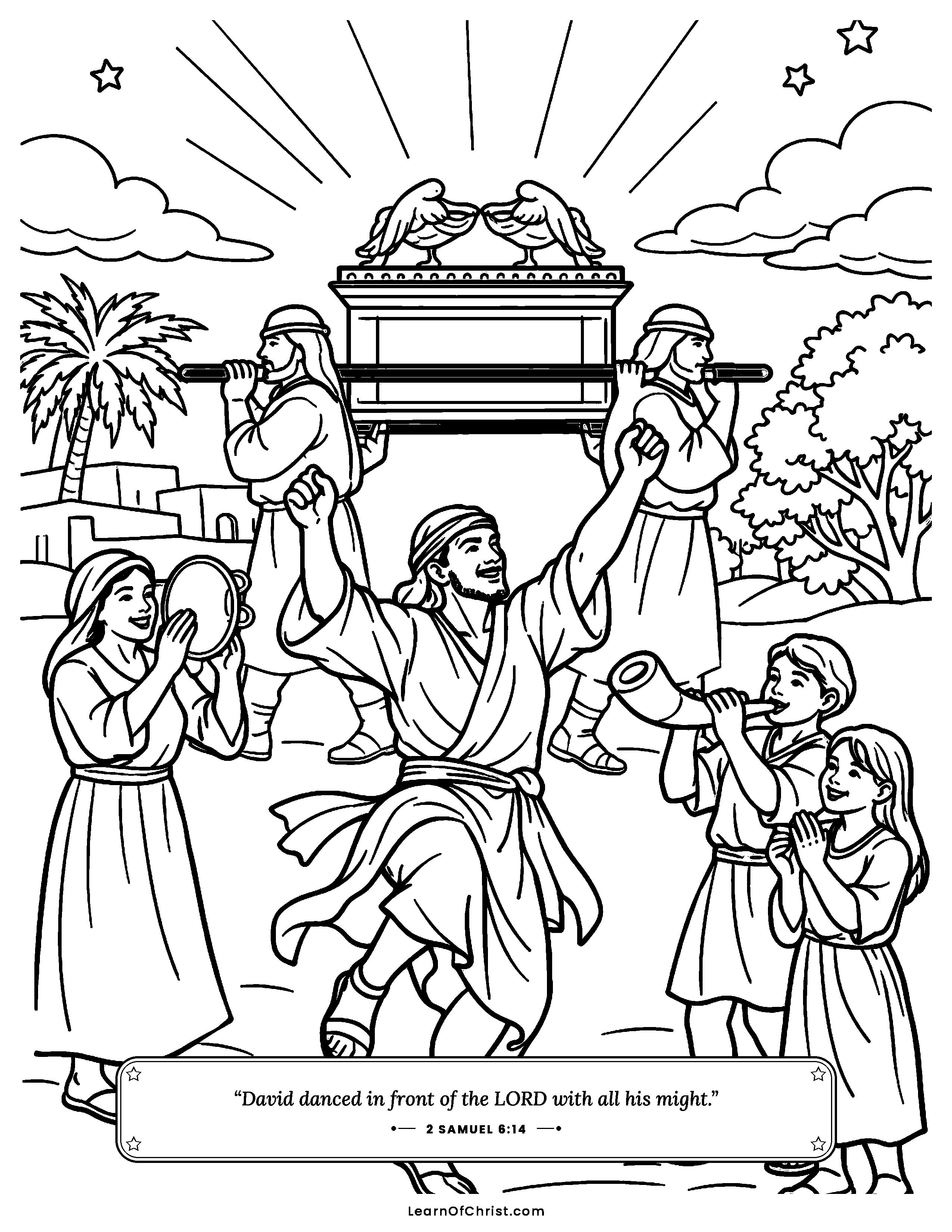 2 Samuel 6 coloring page - David dances before the ark with joy. Free printable Bible coloring sheet for kids.