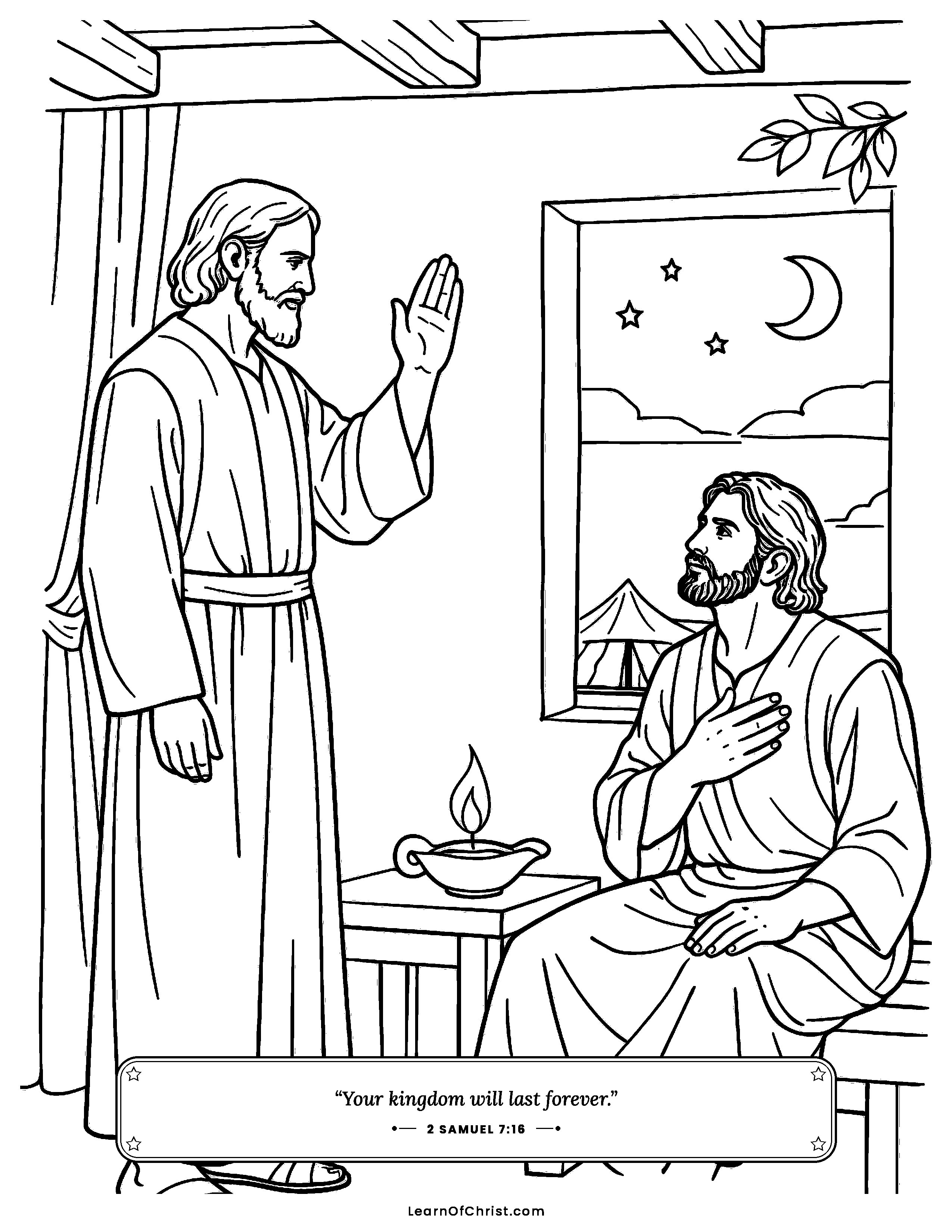 2 Samuel 7 coloring page - Nathan brings God's promise to David. Free printable Bible coloring sheet for kids.
