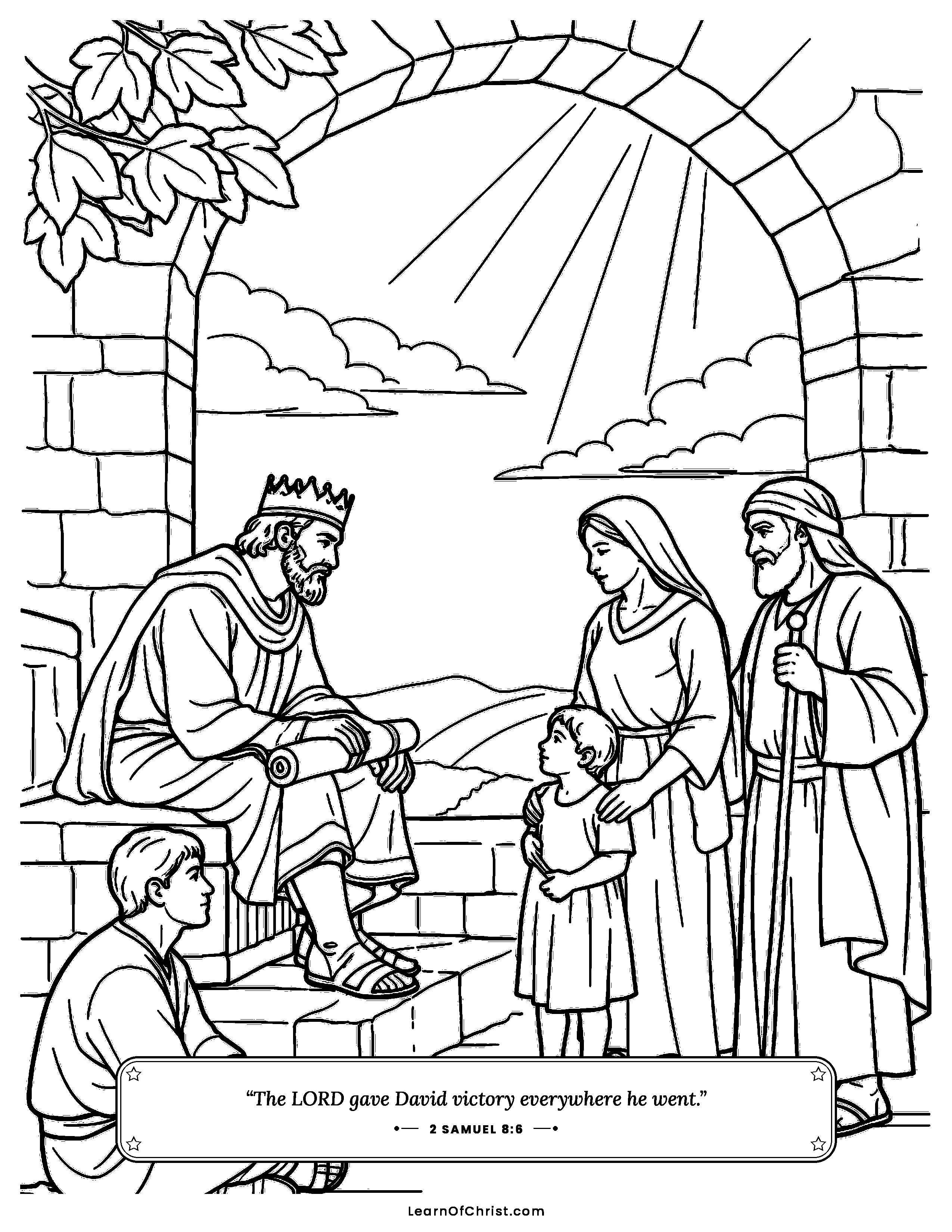 2 Samuel 8 coloring page - King David judges fairly for his people. Free printable Bible coloring sheet for kids.