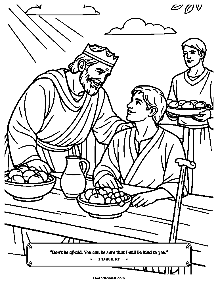 2 Samuel 9 coloring page - Mephibosheth welcomed at the king's table