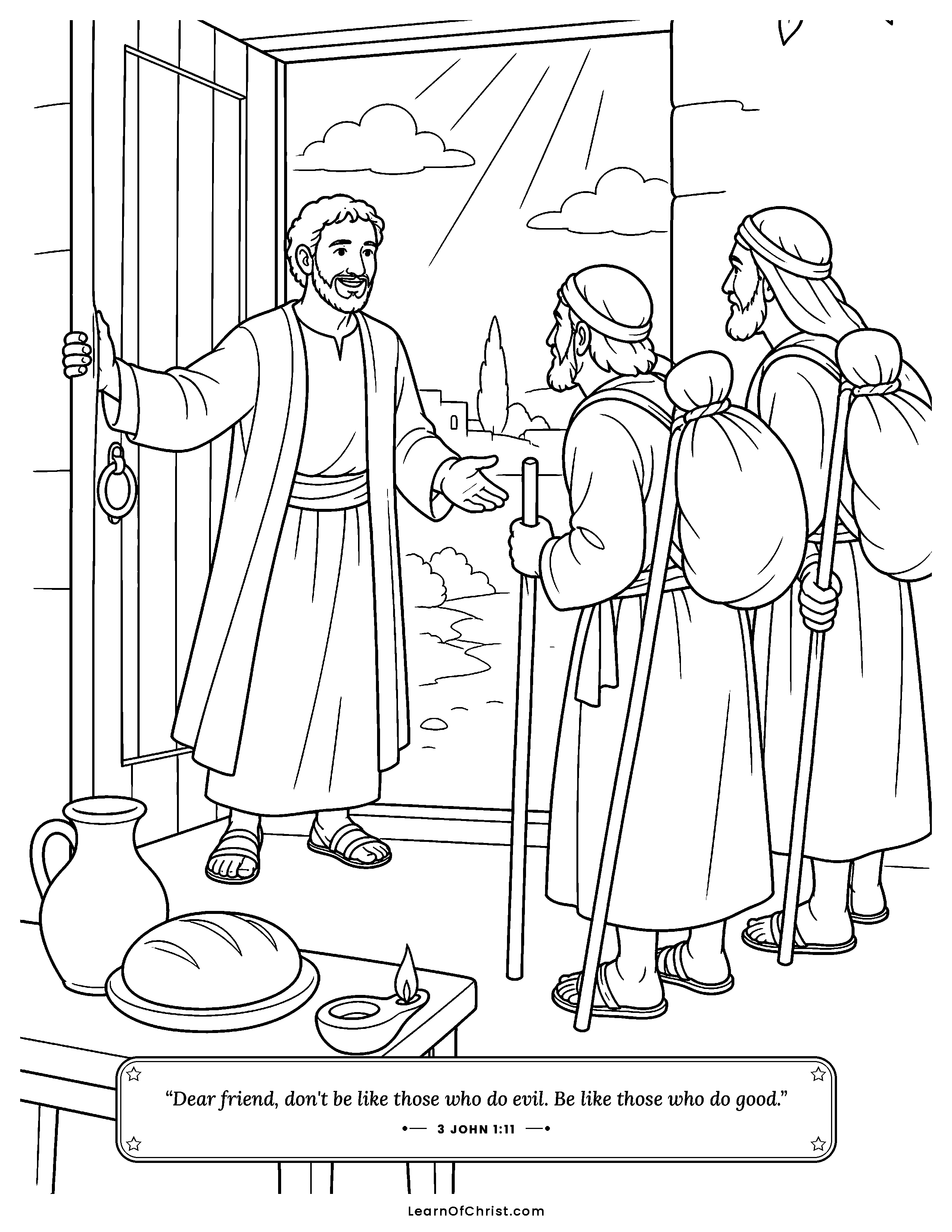 3 John 1 coloring page - Gaius opens his door to travelers. Free printable Bible coloring sheet for kids.