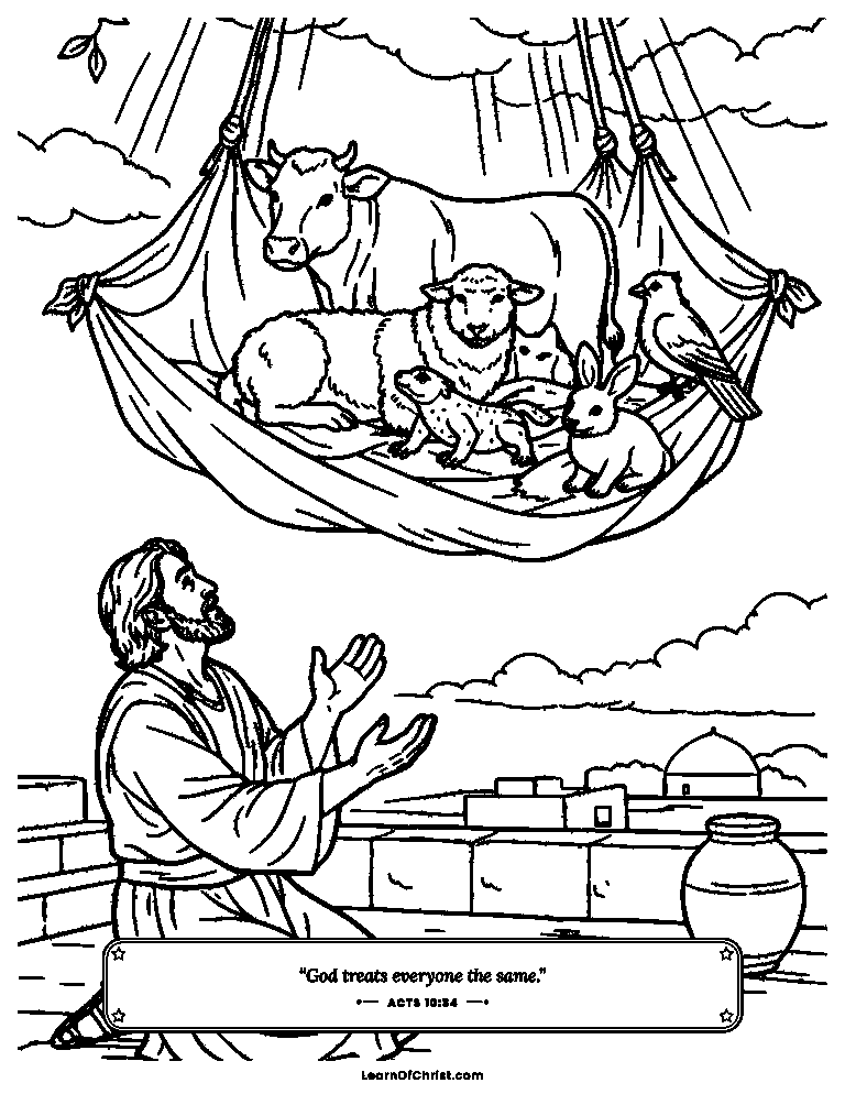 Acts 10 coloring page - Peter's rooftop vision of many animals