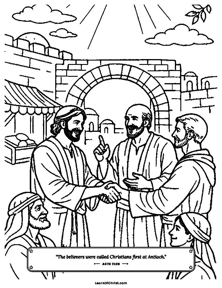 Acts 11 coloring page - Barnabas welcomes new believers in Antioch