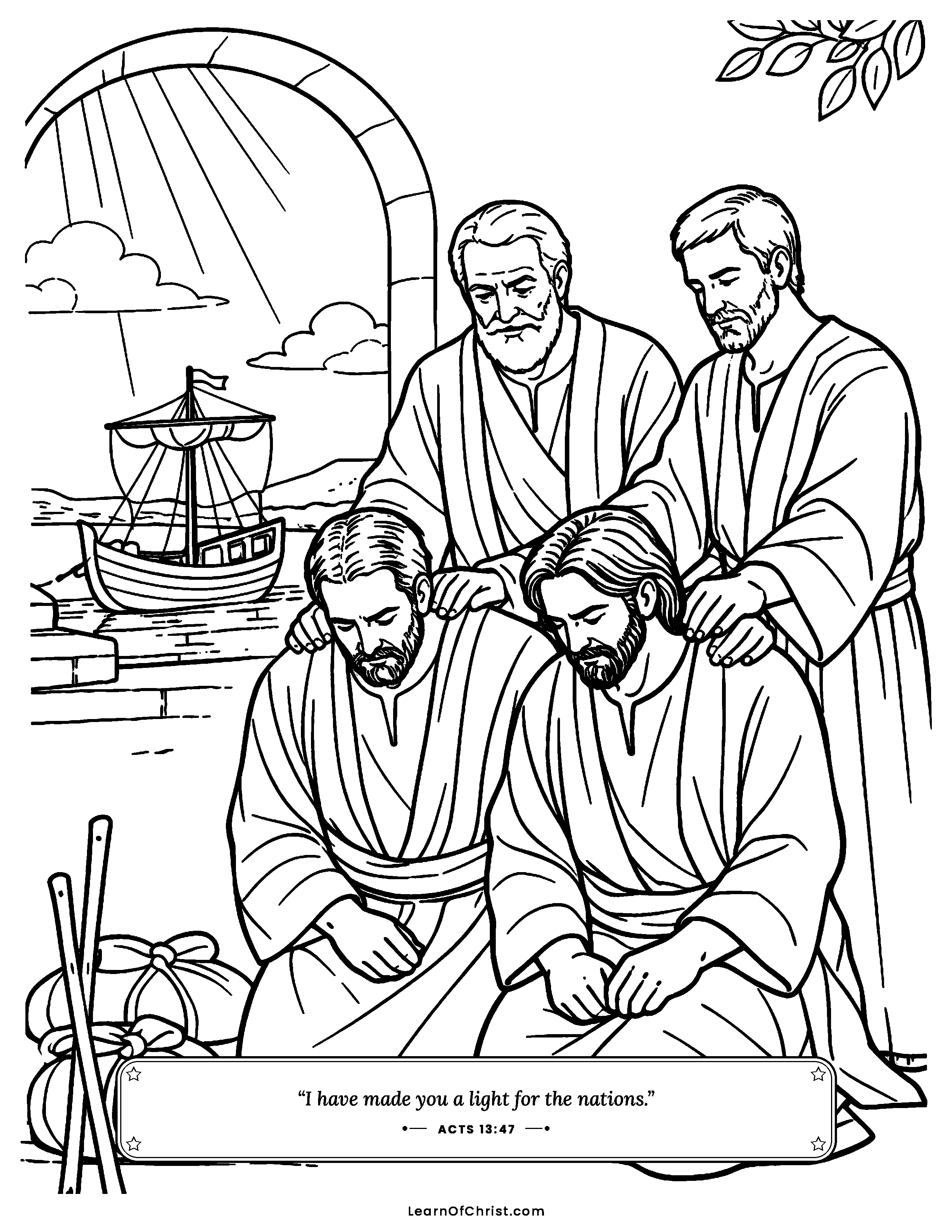 Acts 13 coloring page - The church sends Paul and Barnabas off. Free printable Bible coloring sheet for kids.