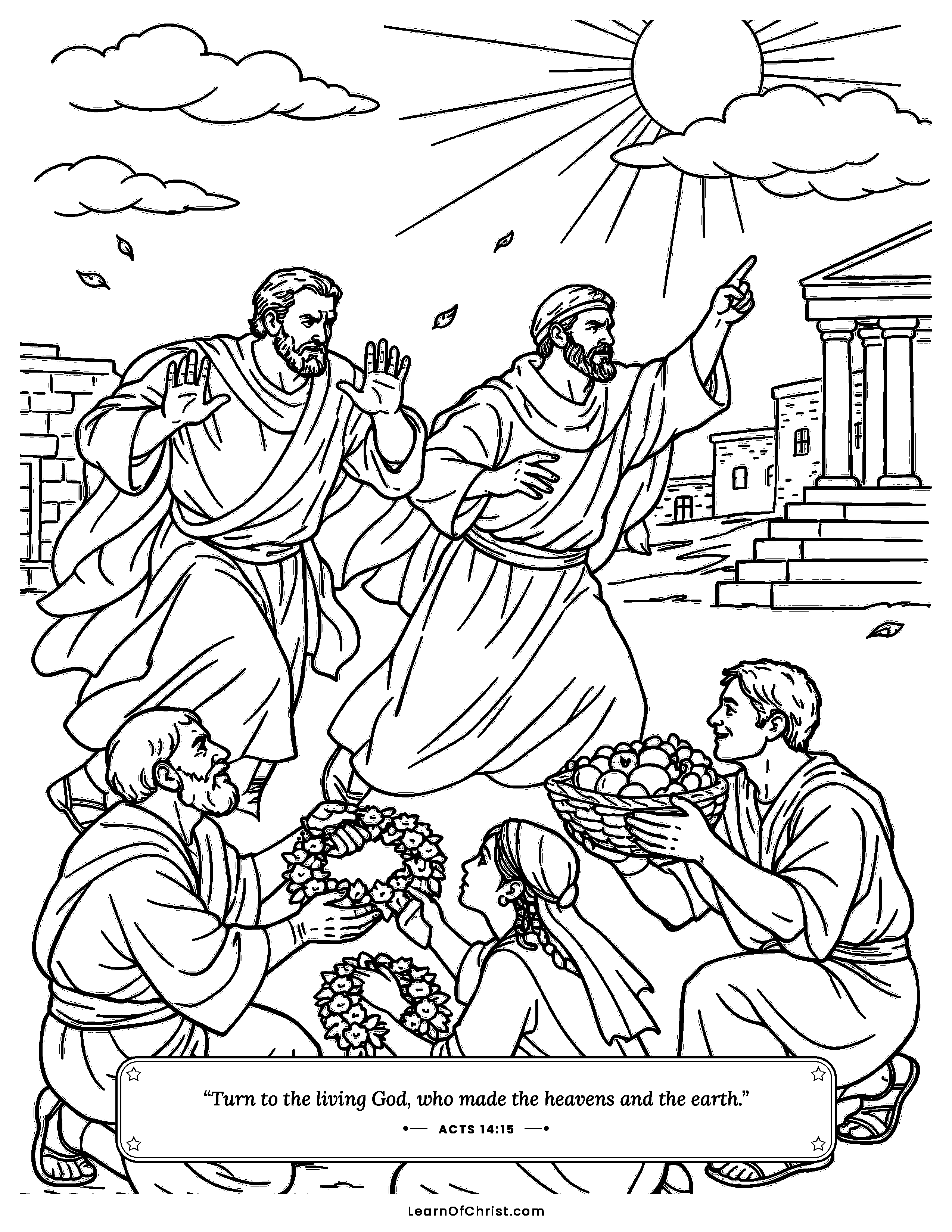 Acts 14 coloring page - Paul and Barnabas say do not worship us. Free printable Bible coloring sheet for kids.