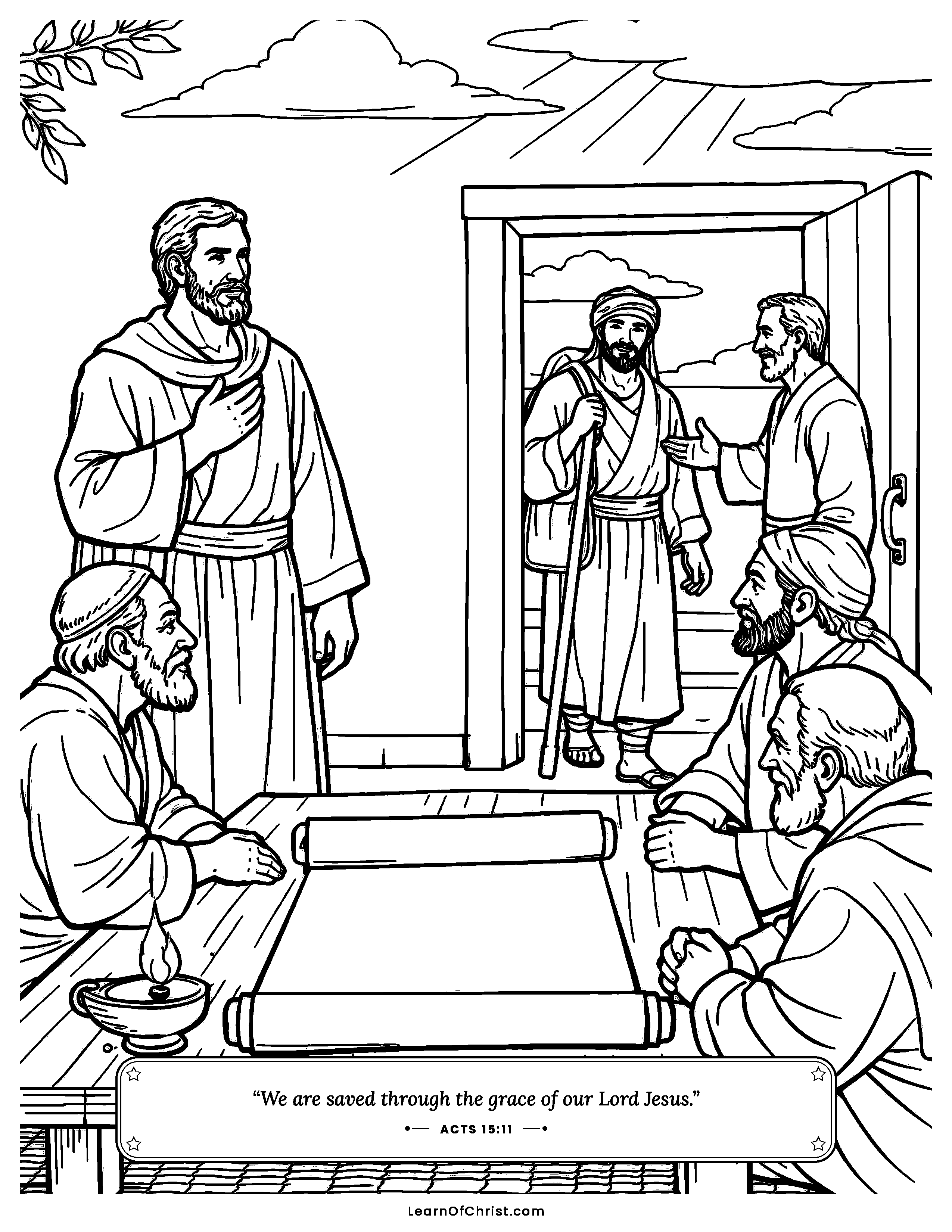 Acts 15 coloring page - Leaders agree that grace welcomes everyone. Free printable Bible coloring sheet for kids.