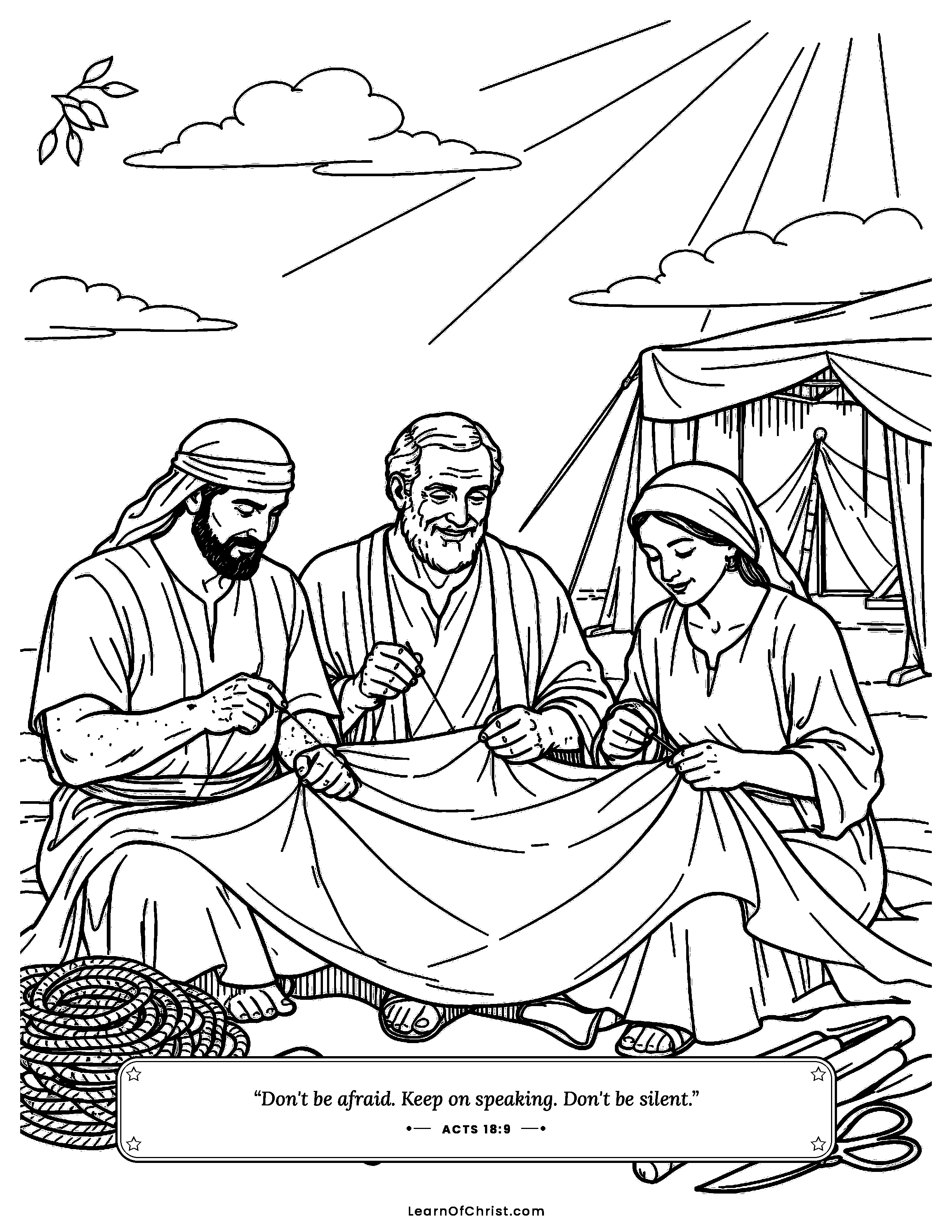 Acts 18 coloring page - Paul makes tents with Priscilla and Aquila. Free printable Bible coloring sheet for kids.