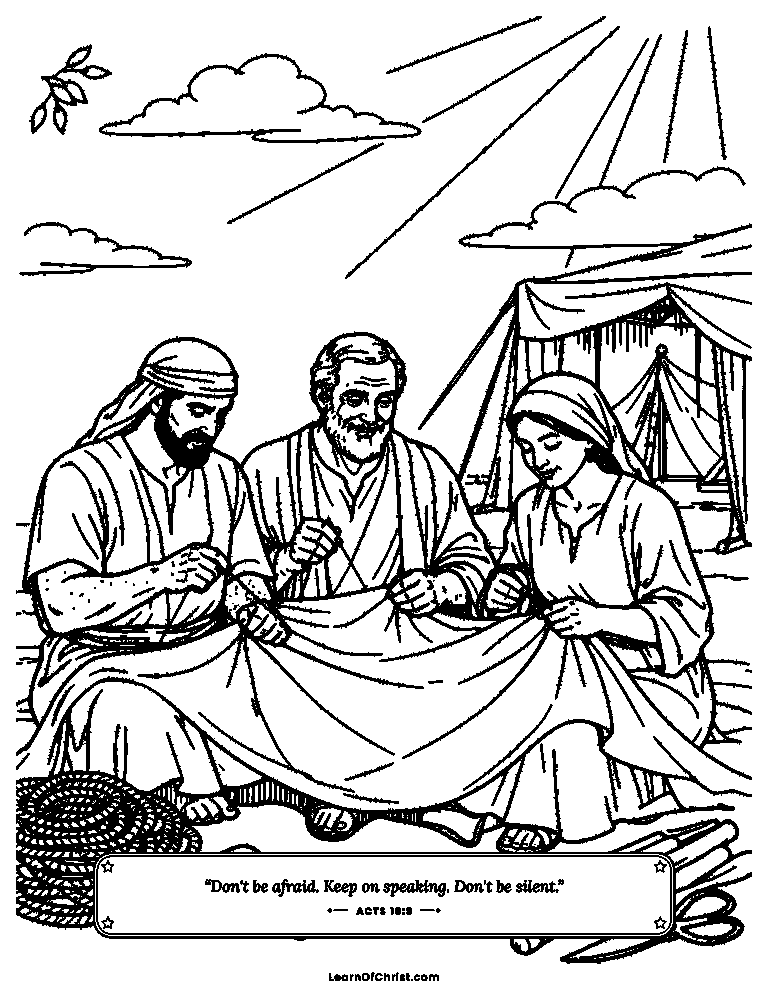 Acts 18 coloring page - Paul makes tents with Priscilla and Aquila
