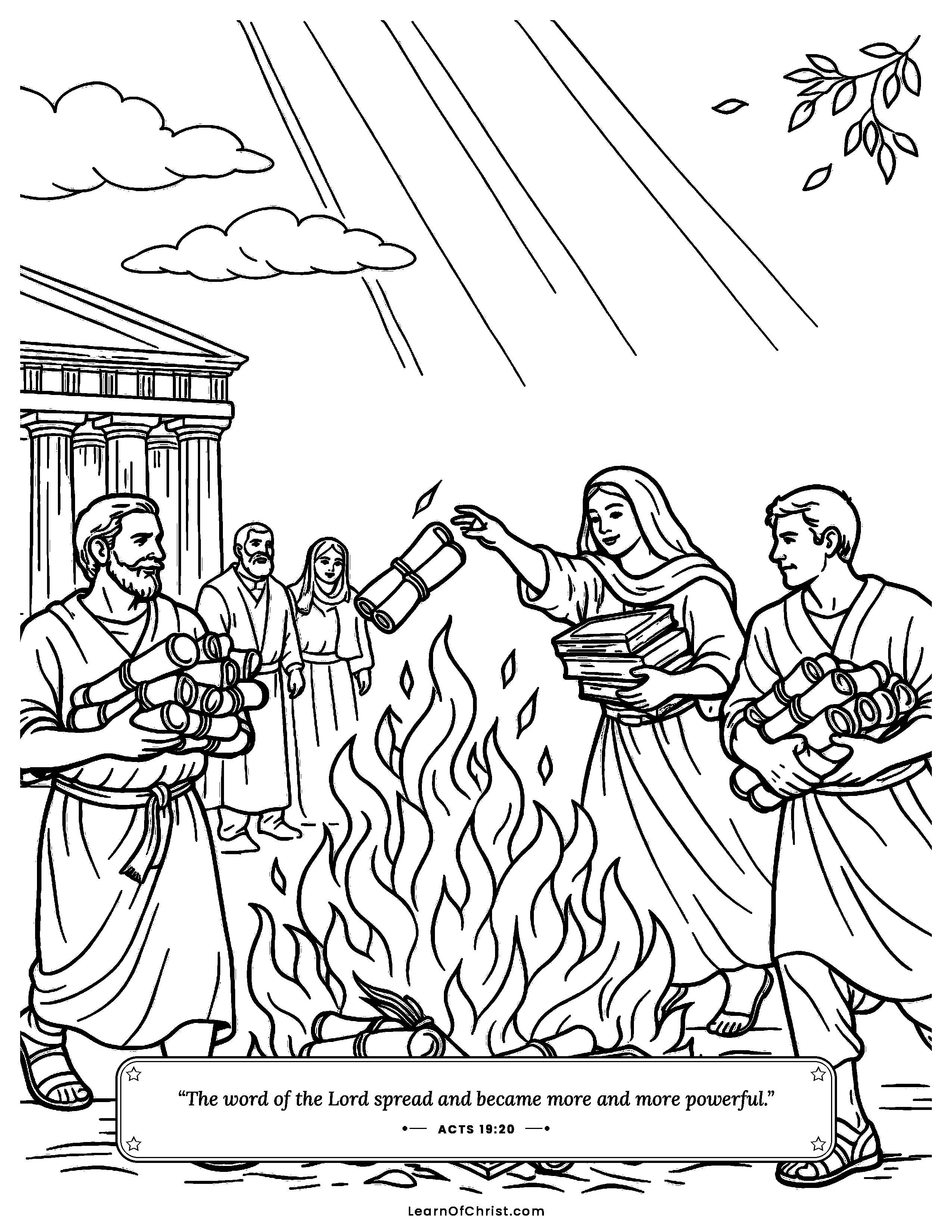 Acts 19 coloring page - Magic scrolls go on the bonfire in Ephesus. Free printable Bible coloring sheet for kids.