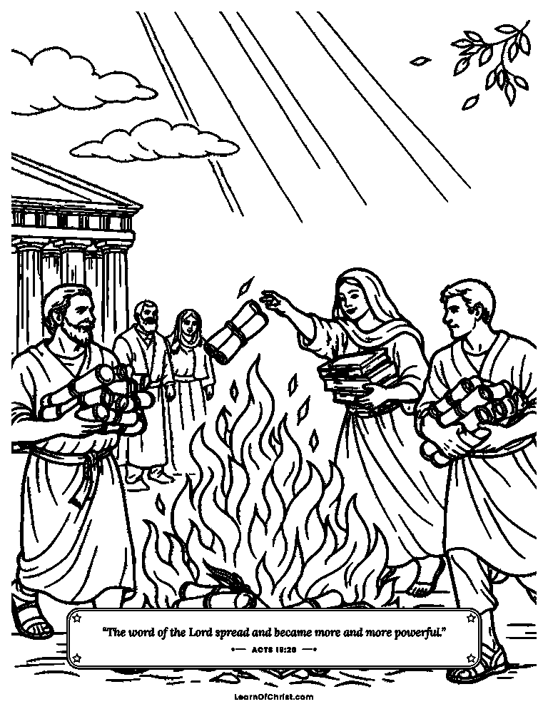Acts 19 coloring page - Magic scrolls go on the bonfire in Ephesus