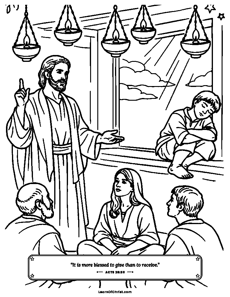 Acts 20 coloring page - Eutychus dozes in the lamp-lit window