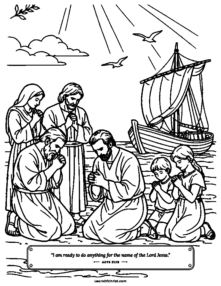 Acts 21 coloring page - Friends kneel on the beach to pray