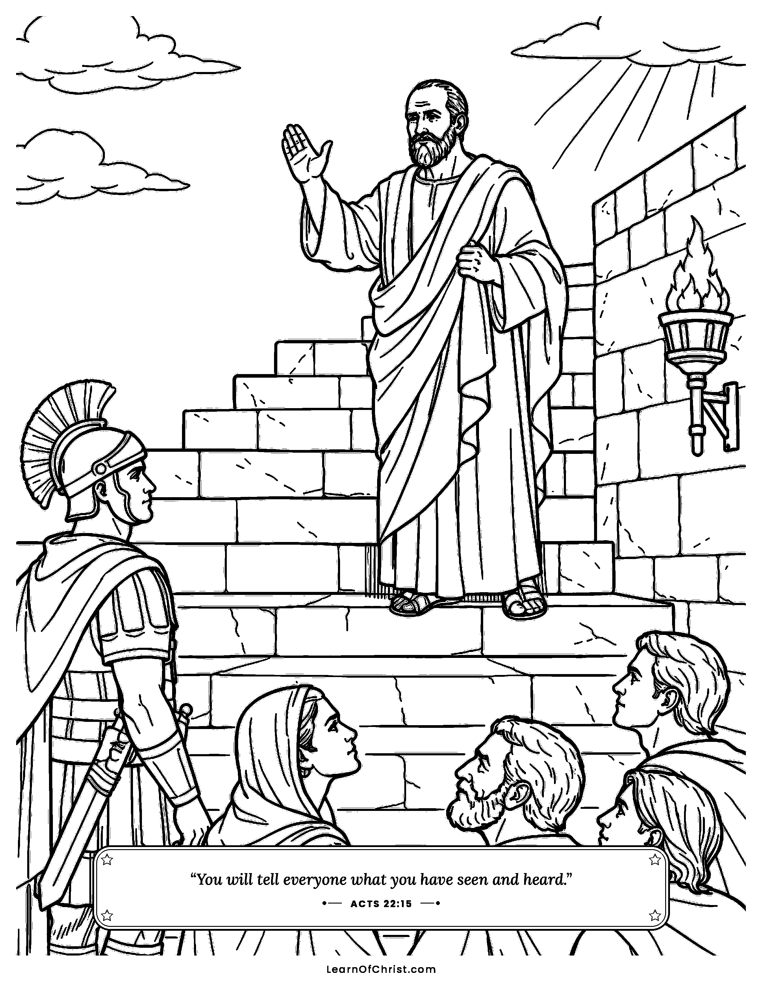 Acts 22 coloring page - Paul tells his story from the fortress steps. Free printable Bible coloring sheet for kids.