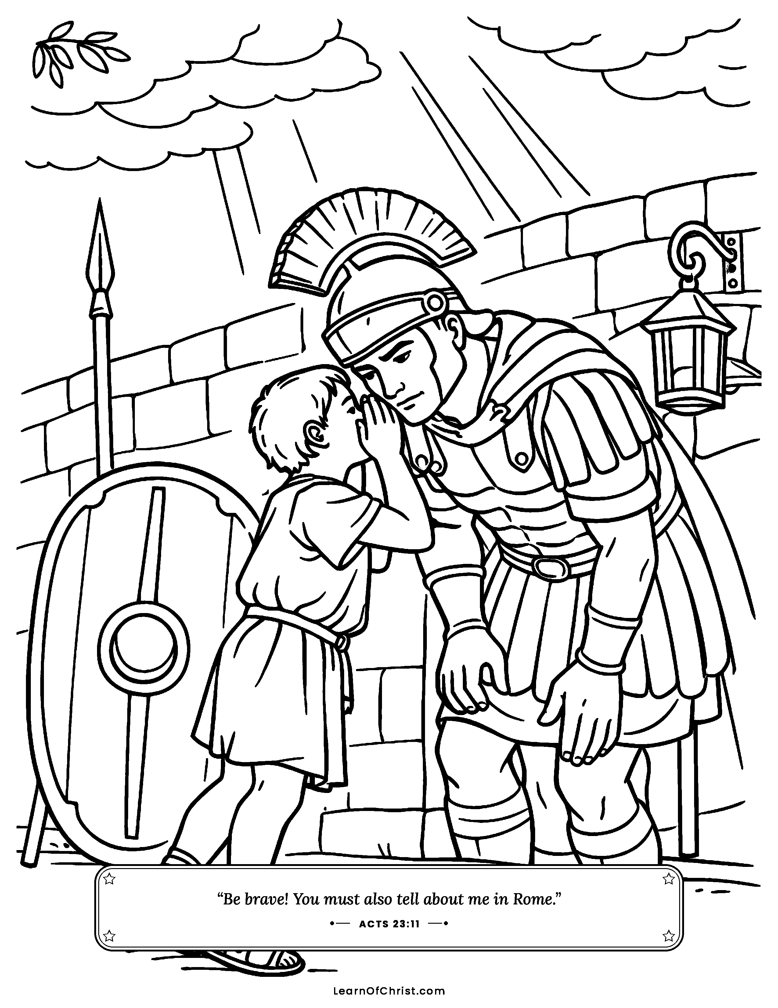 Acts 23 coloring page - Paul's young nephew warns the commander. Free printable Bible coloring sheet for kids.