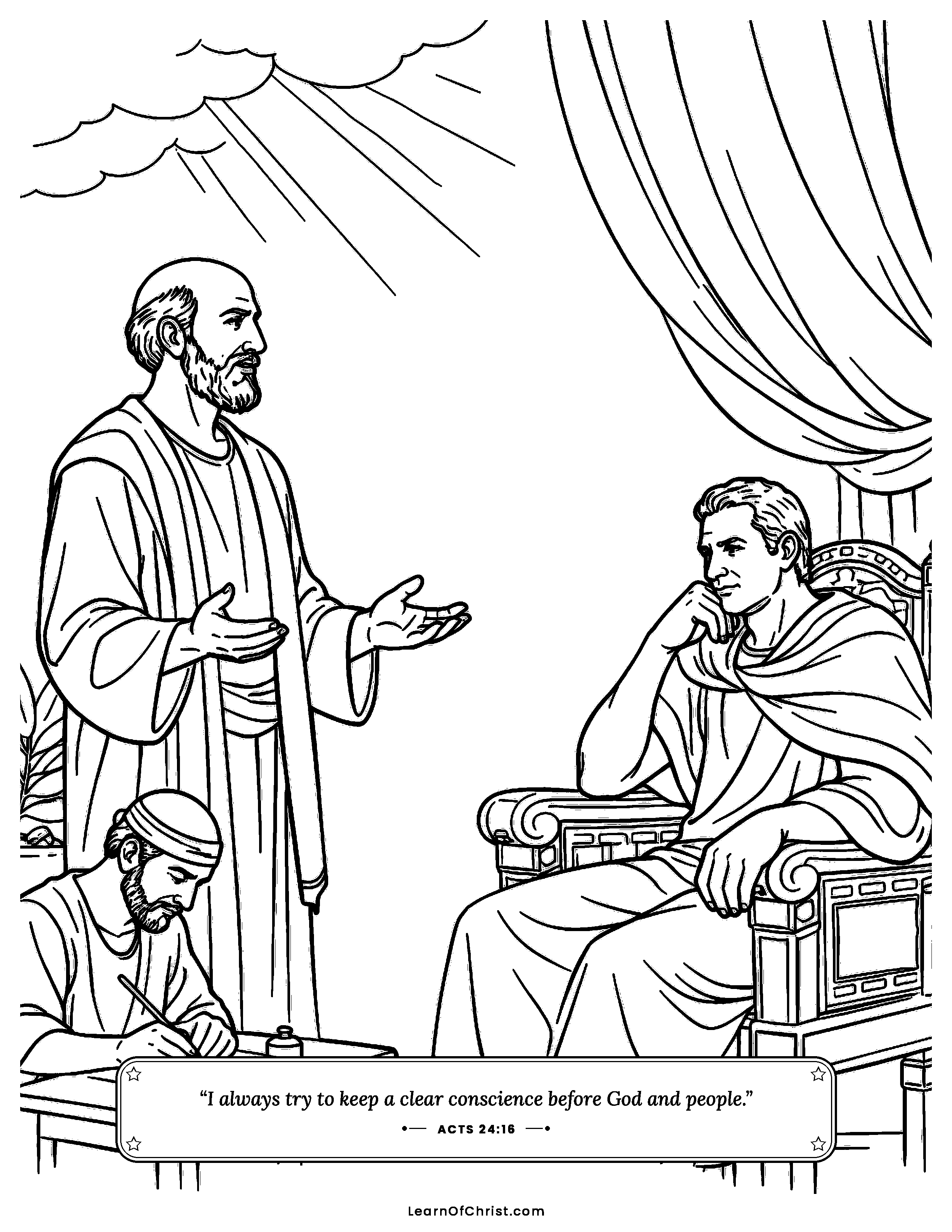 Acts 24 coloring page - Paul tells the truth before Governor Felix. Free printable Bible coloring sheet for kids.