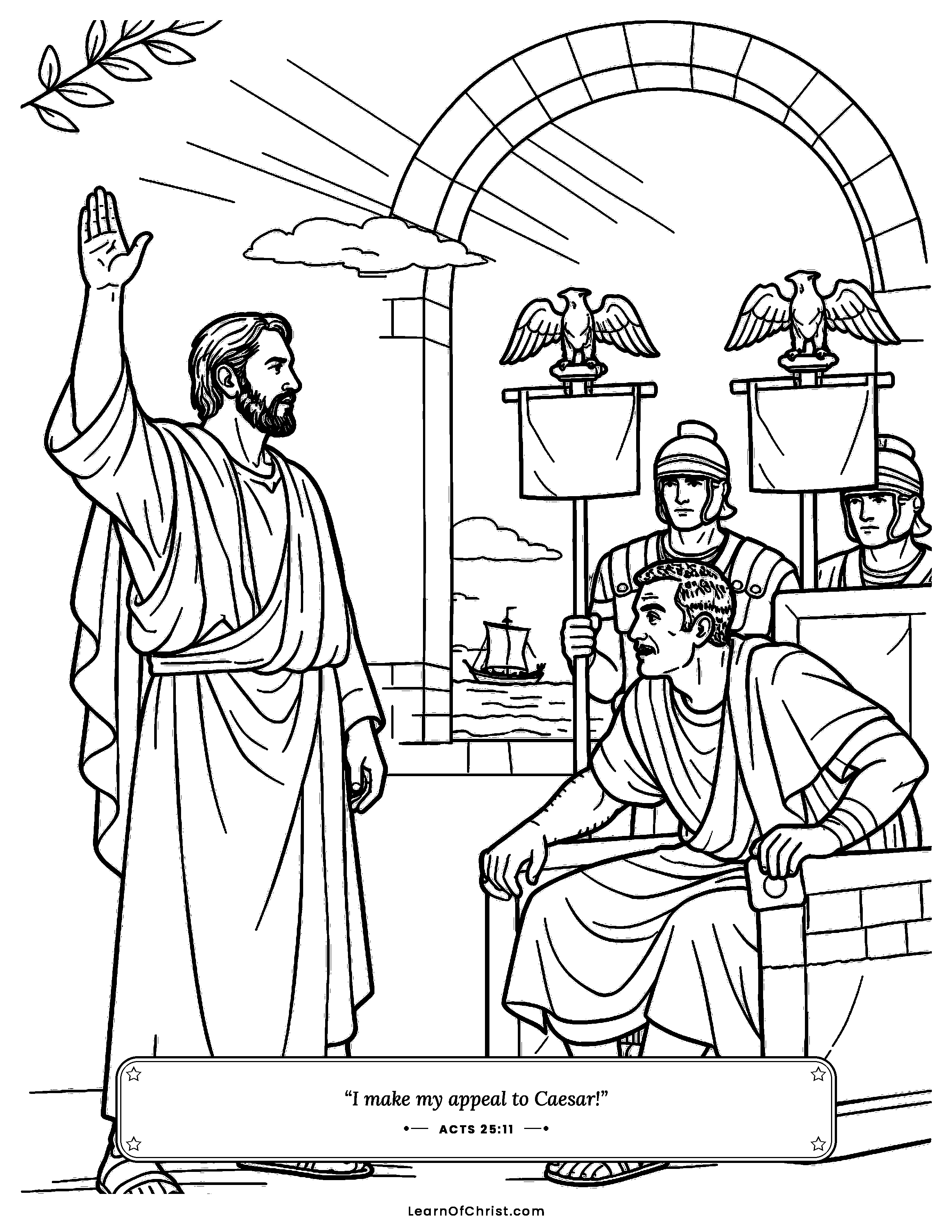 Acts 25 coloring page - Paul says I appeal to Caesar. Free printable Bible coloring sheet for kids.