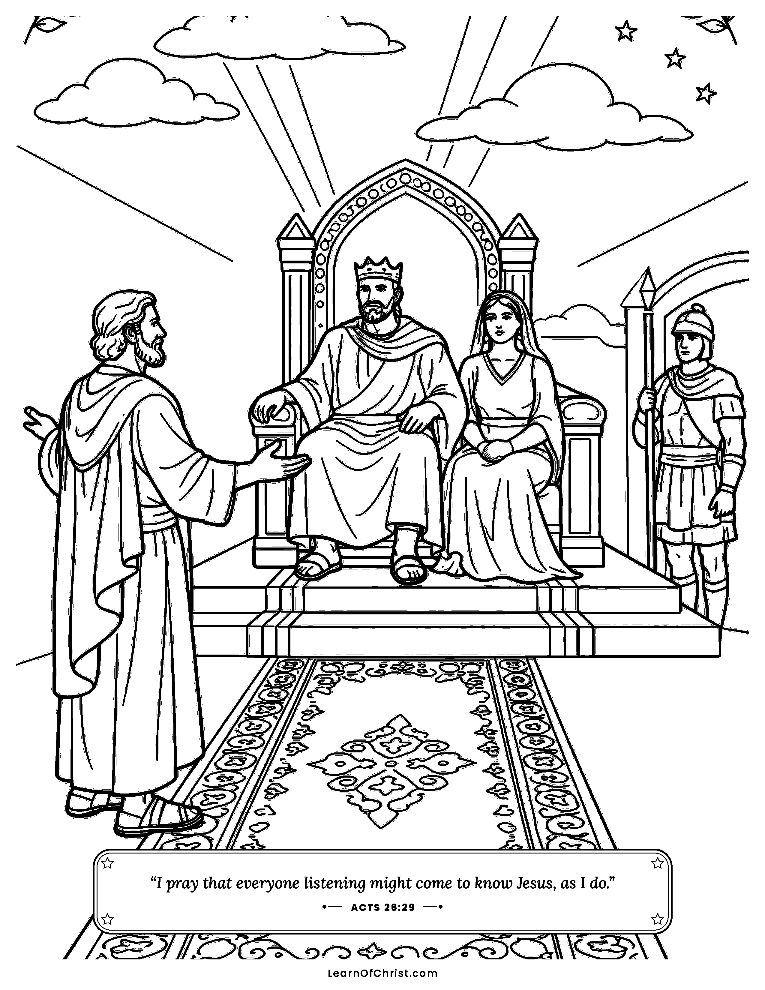 Acts 26 coloring page - Paul tells a king about Jesus. Free printable Bible coloring sheet for kids.