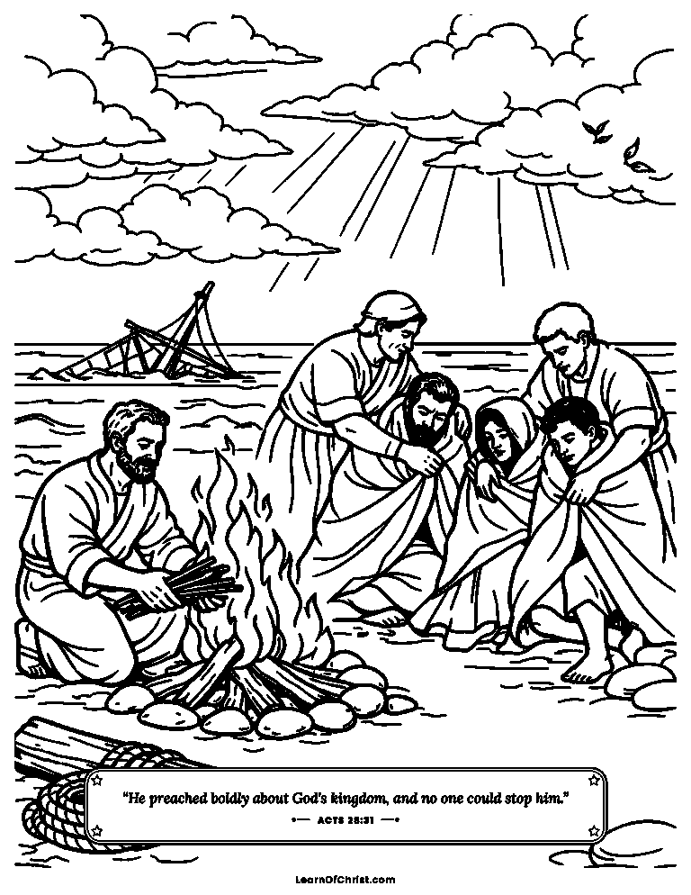 Acts 28 coloring page - A warm fire for shipwrecked friends