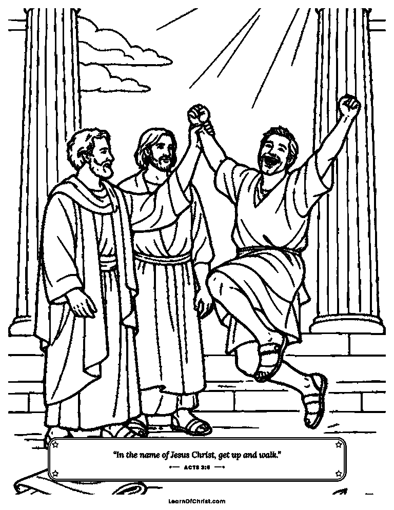 Acts 3 coloring page - Peter helps the beggar leap and dance