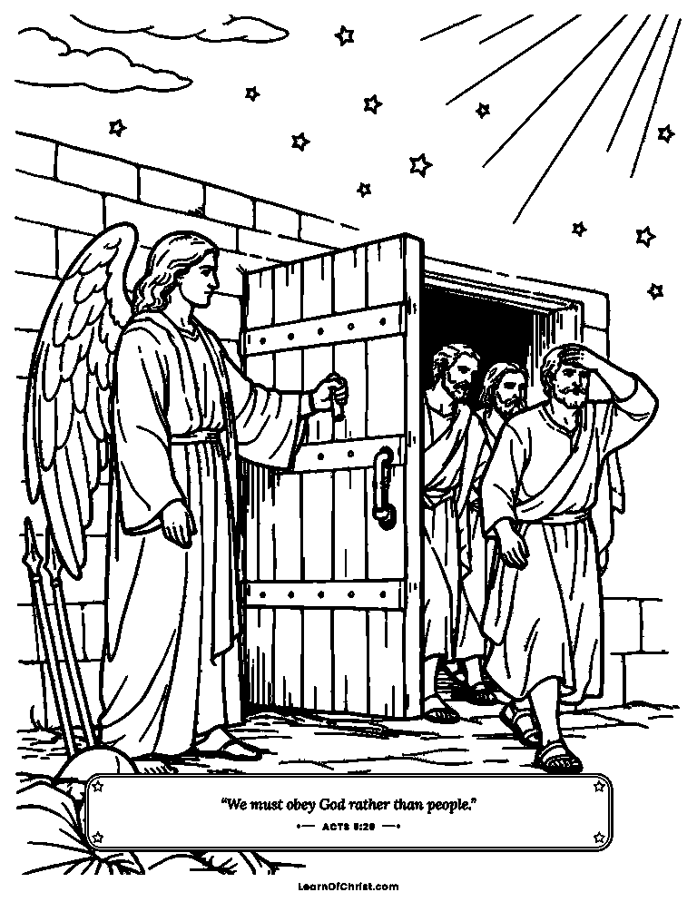 Acts 5 coloring page - An angel opens the prison doors at night
