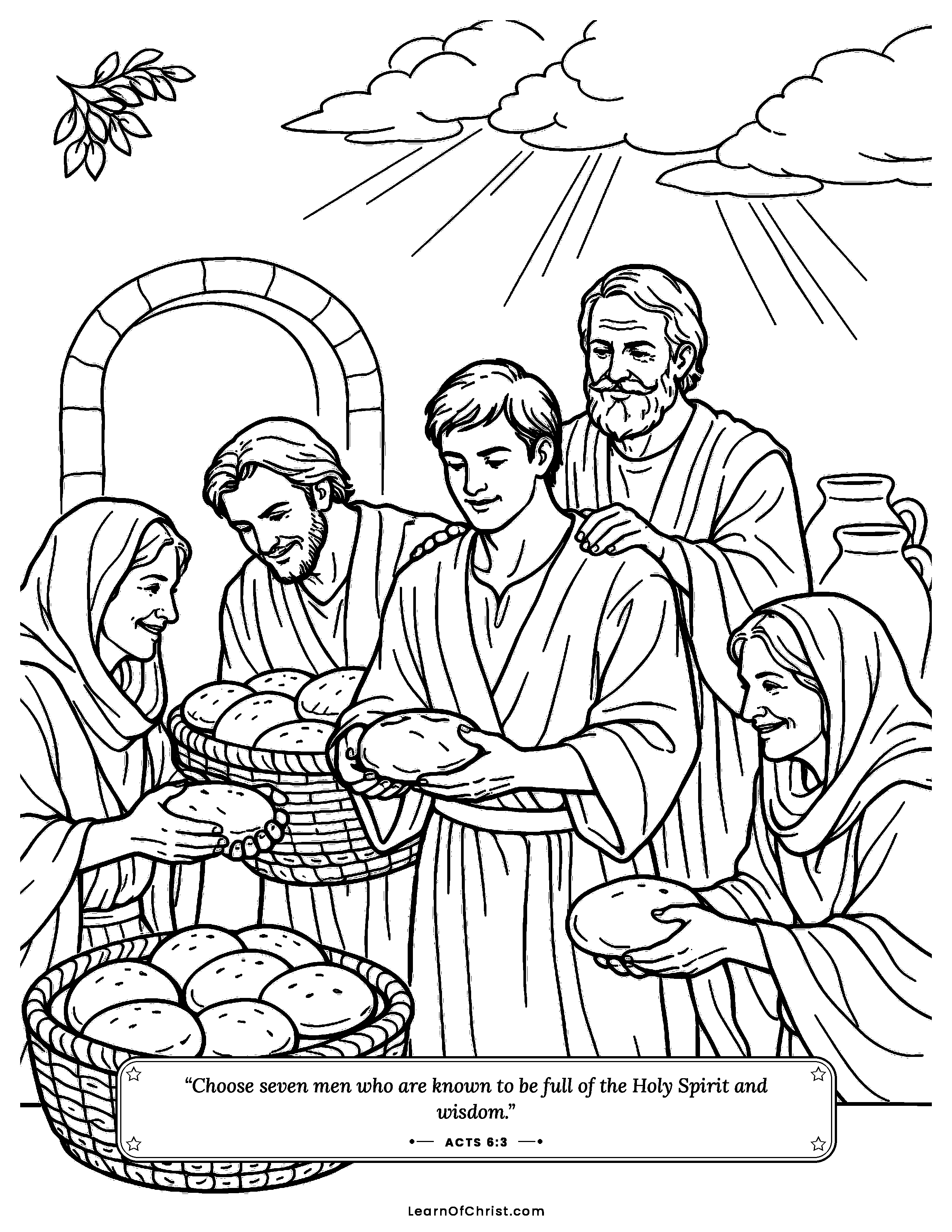 Acts 6 coloring page - Seven helpers hand out baskets of bread. Free printable Bible coloring sheet for kids.