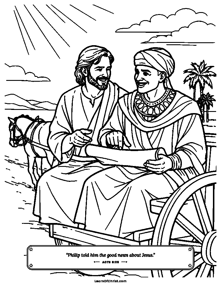Acts 8 coloring page - Philip rides along and explains