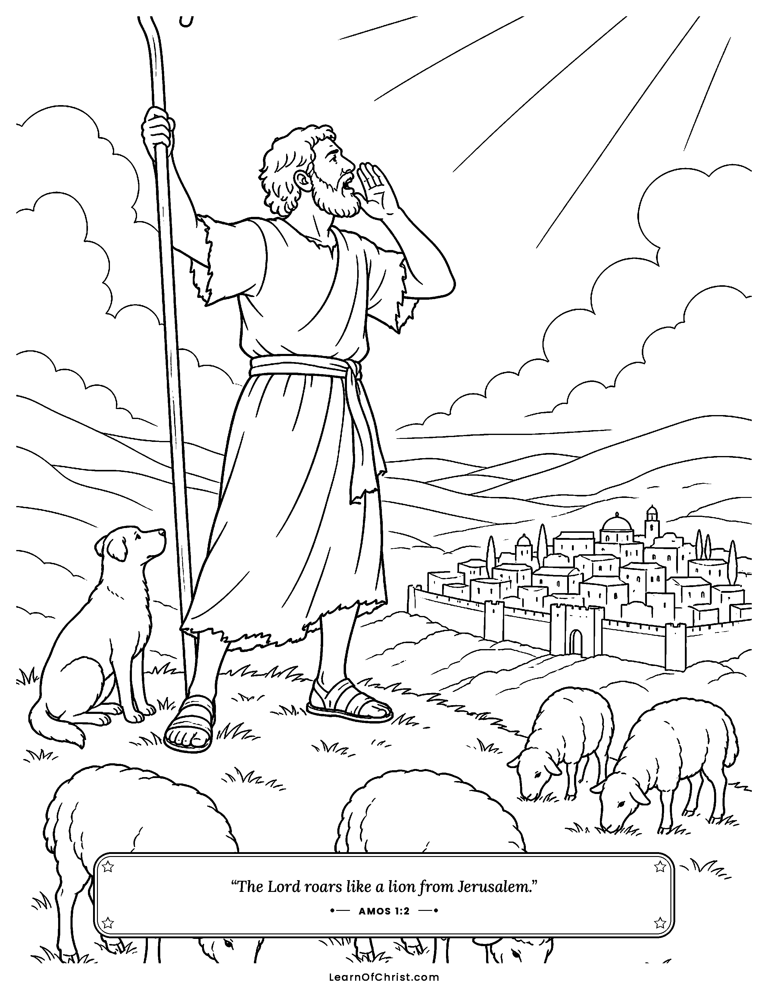 Amos 1 coloring page - A shepherd stands up to speak. Free printable Bible coloring sheet for kids.