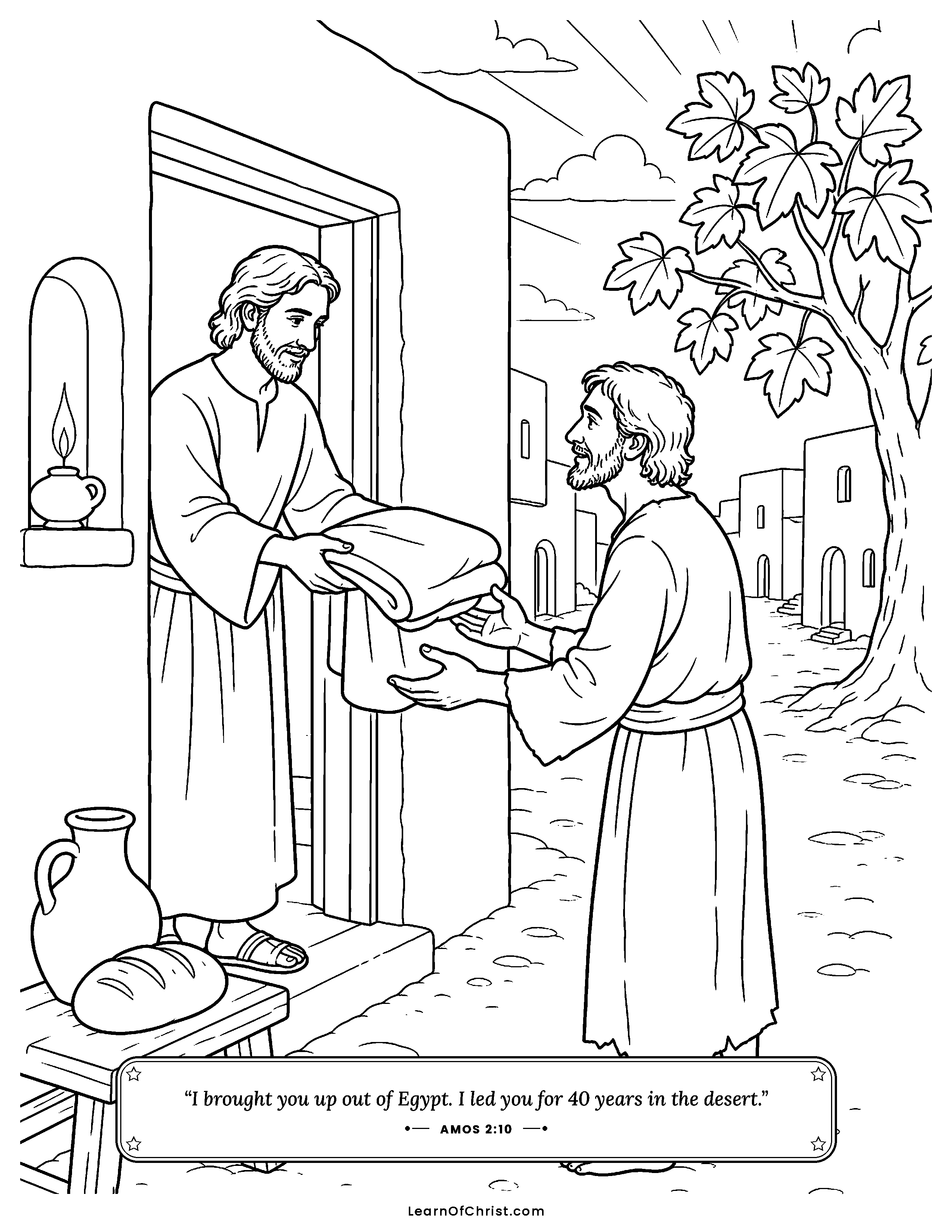 Amos 2 coloring page - Giving back the borrowed cloak. Free printable Bible coloring sheet for kids.