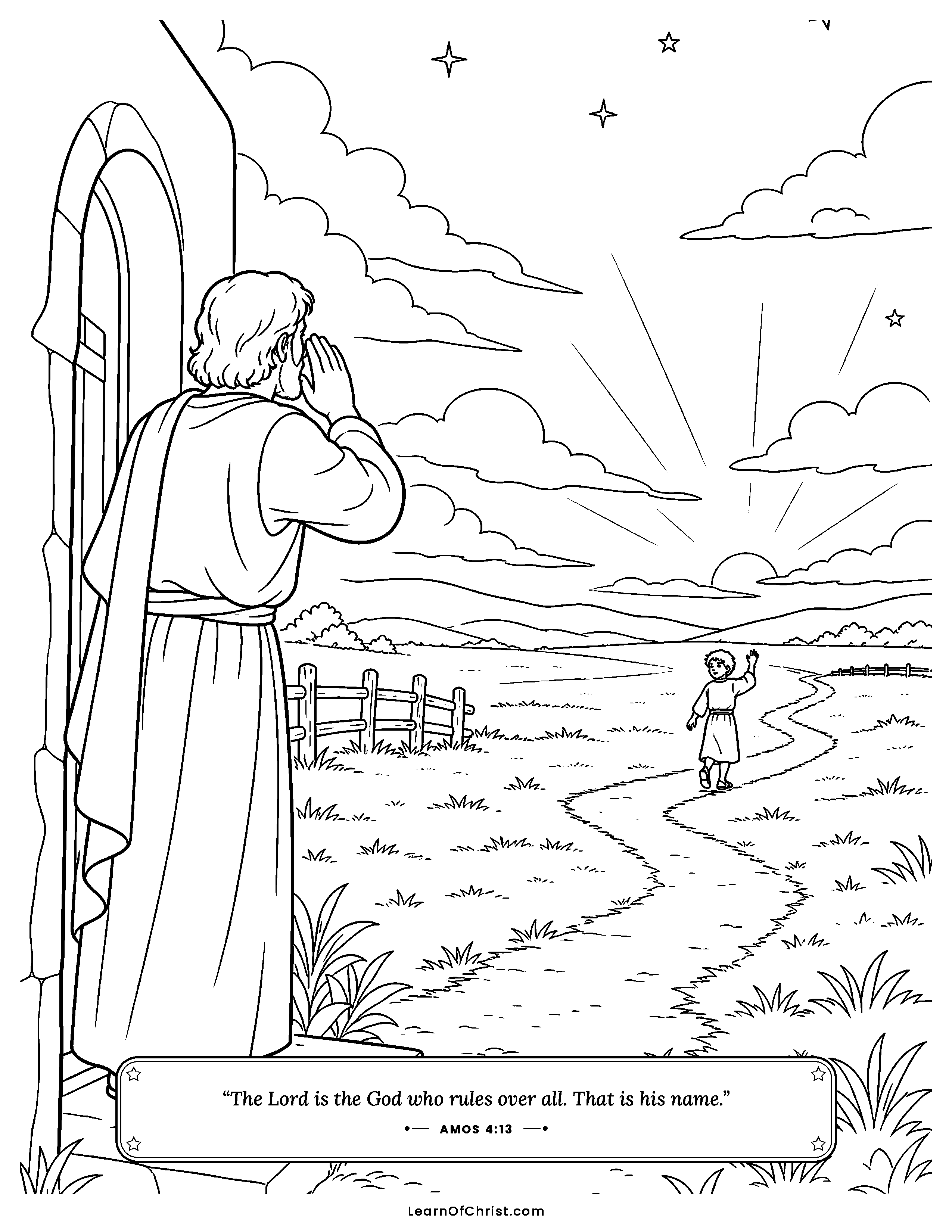 Amos 4 coloring page - A parent calls a child home. Free printable Bible coloring sheet for kids.