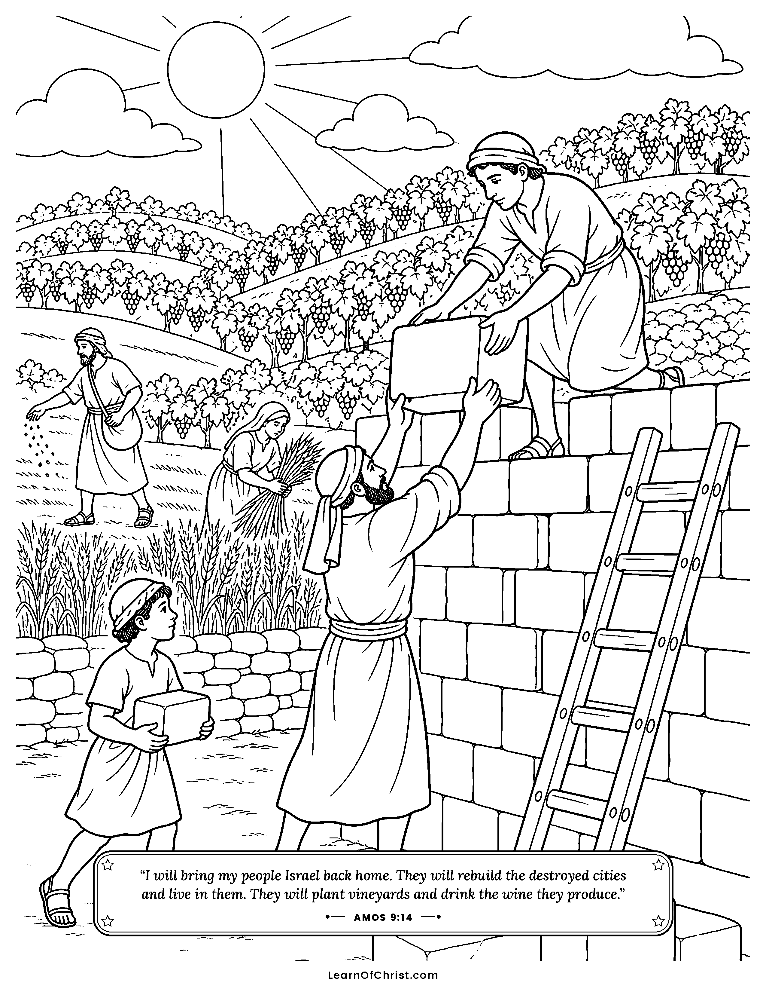 Amos 9 coloring page - Rebuilding the house, planting and harvesting. Free printable Bible coloring sheet for kids.