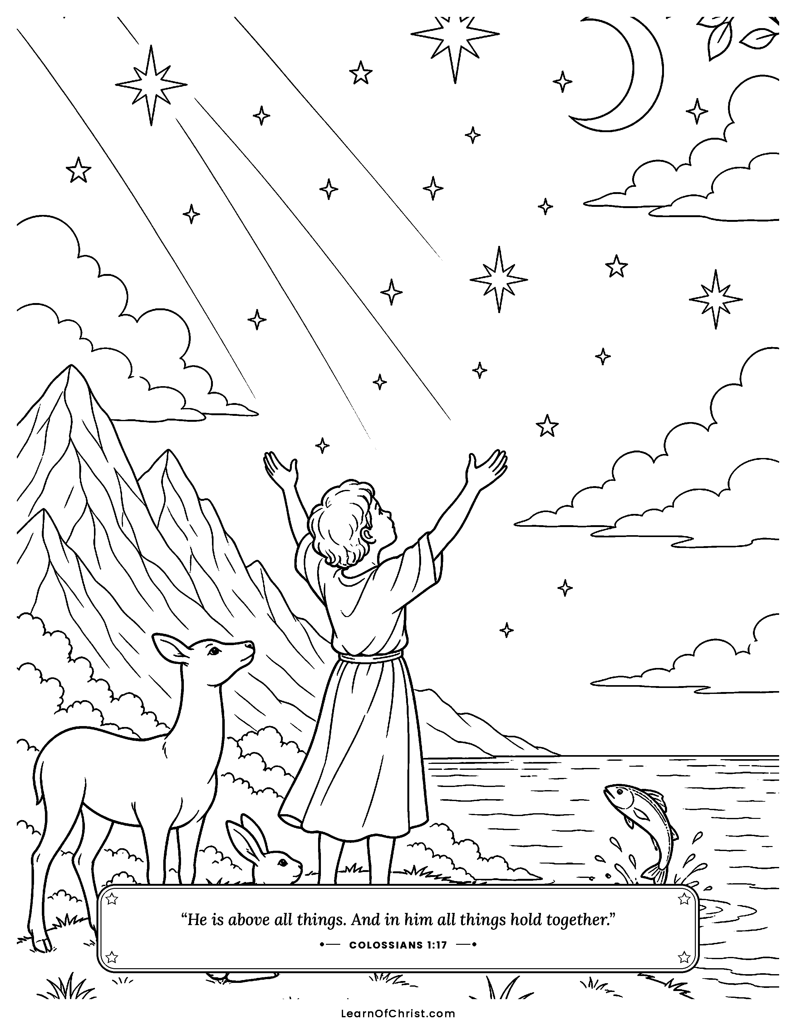 Colossians 1 coloring page - Thankful under a sky Jesus made. Free printable Bible coloring sheet for kids.