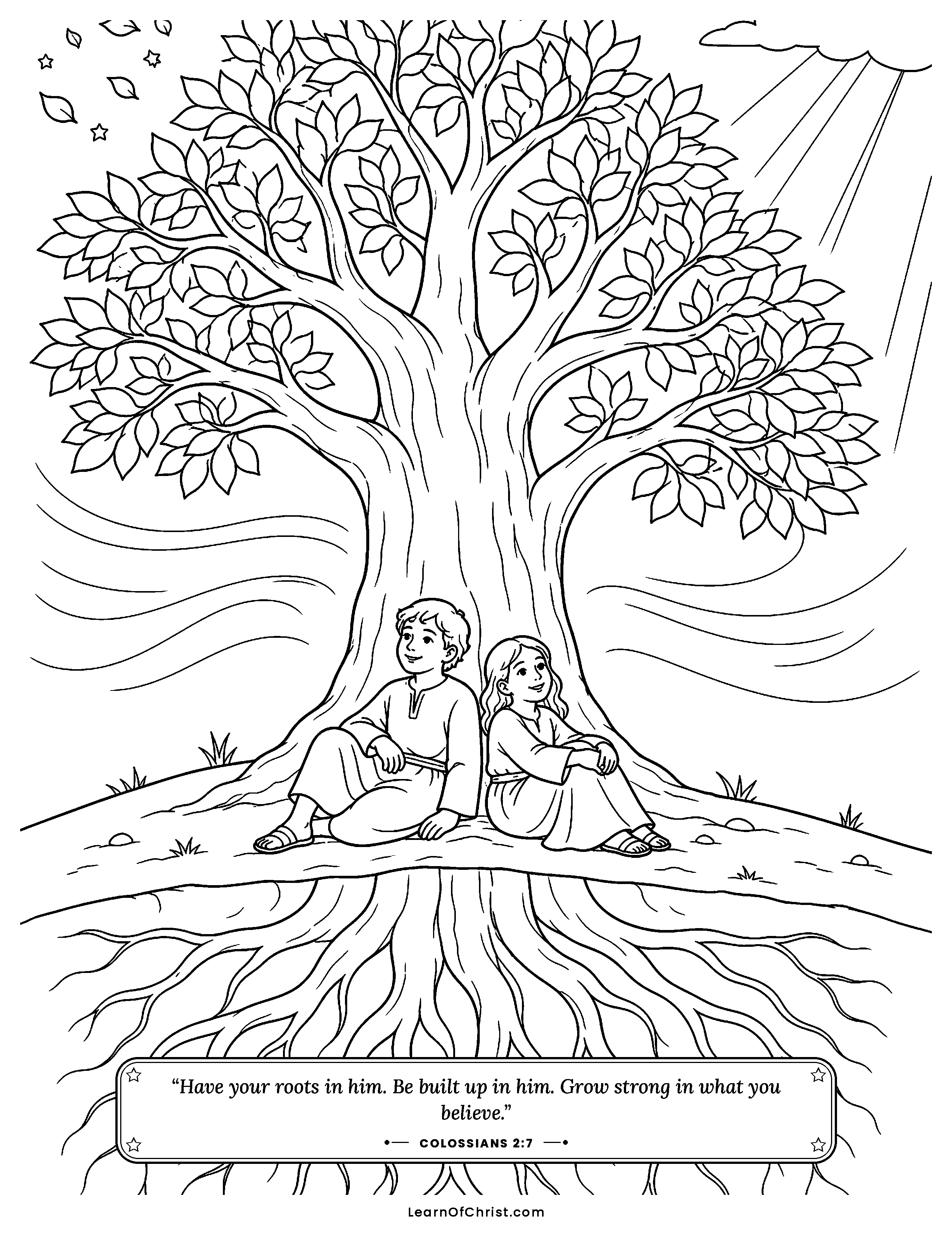 Colossians 2 coloring page - A tree with deep roots in the wind. Free printable Bible coloring sheet for kids.
