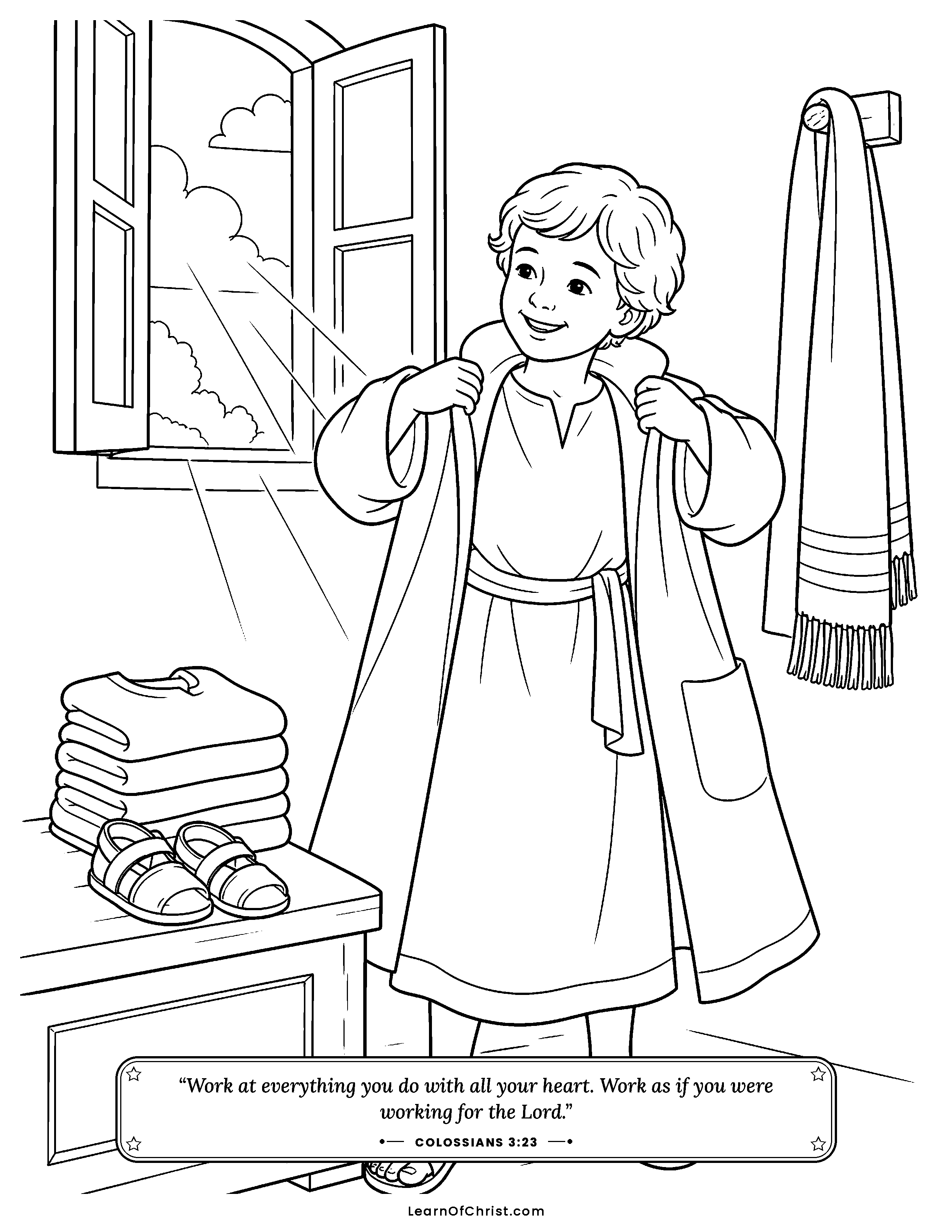 Colossians 3 coloring page - Getting dressed in kindness each morning. Free printable Bible coloring sheet for kids.