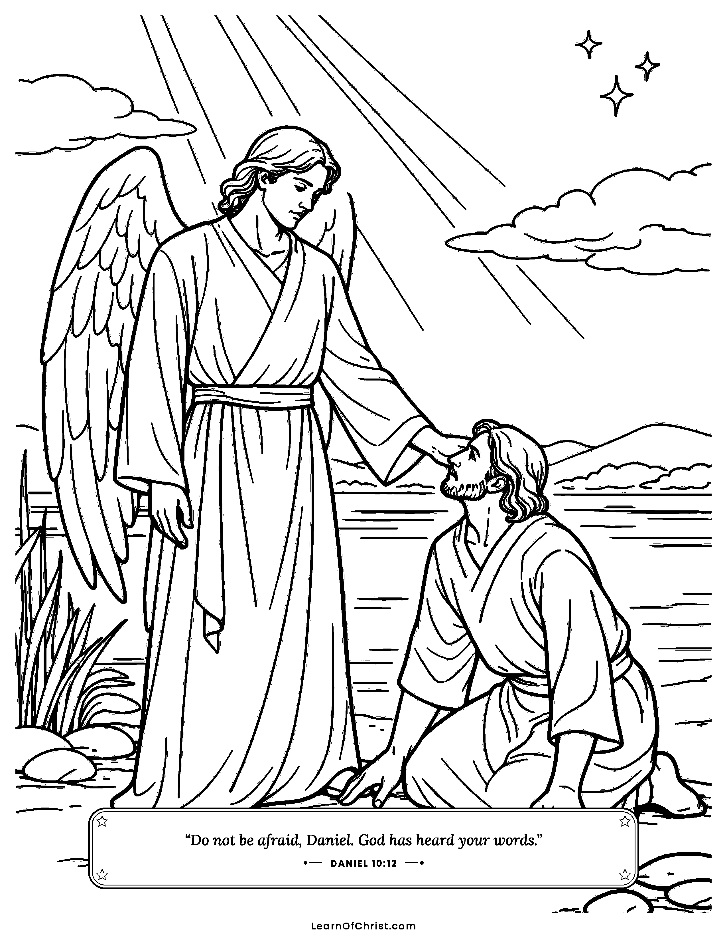 Daniel 10 coloring page - A shining messenger says do not fear. Free printable Bible coloring sheet for kids.
