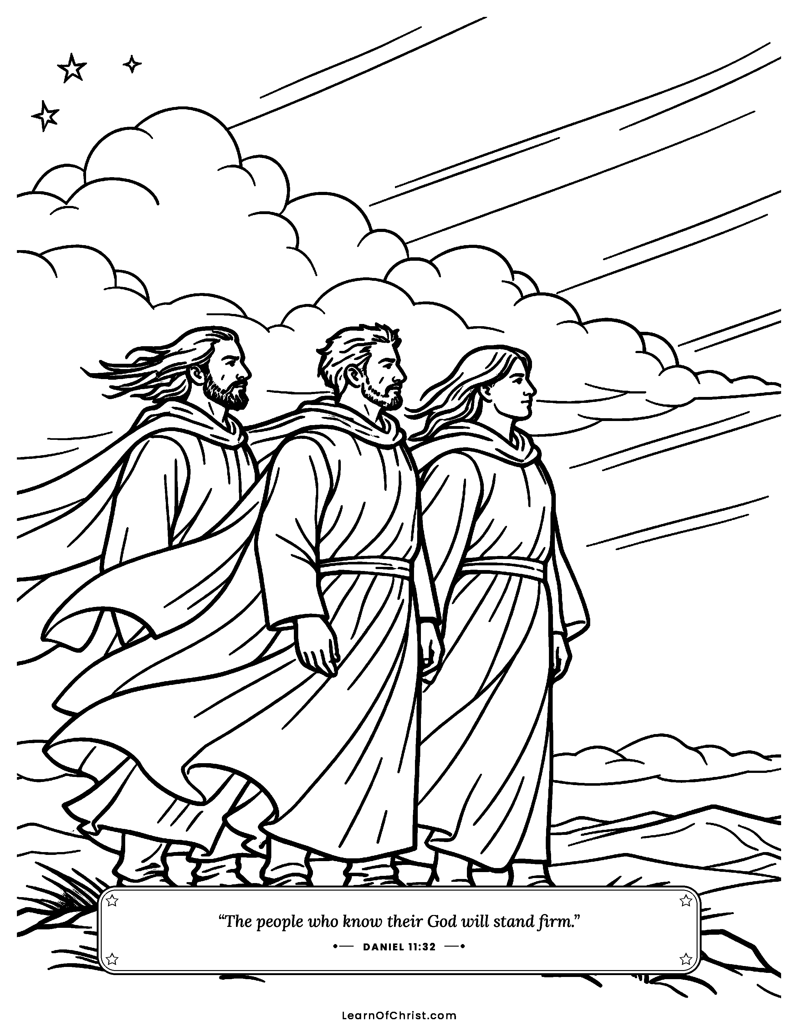 Daniel 11 coloring page - Standing firm on a windy hilltop. Free printable Bible coloring sheet for kids.