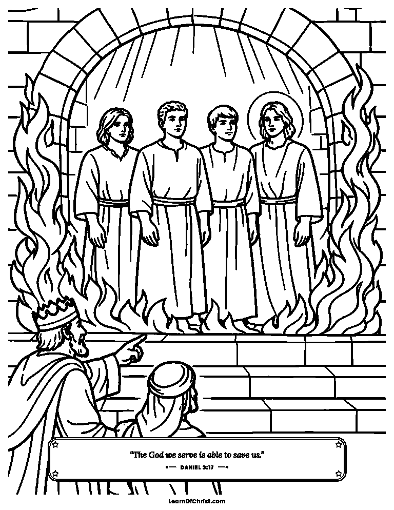 Daniel 3 coloring page - Four figures stand calm in the furnace