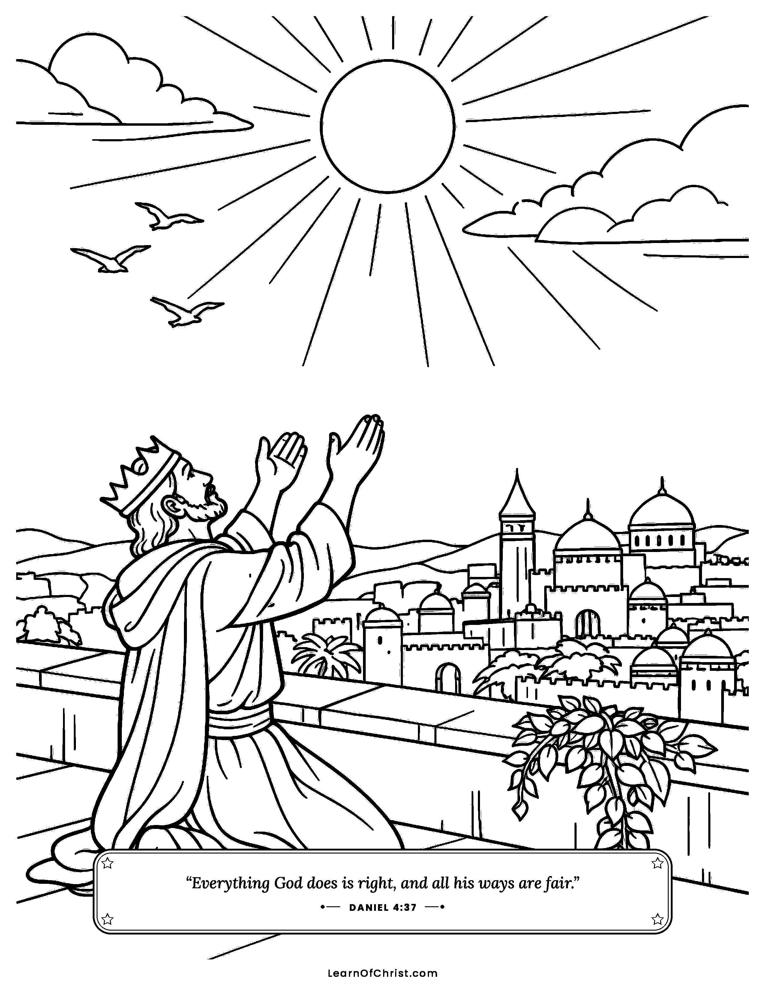 Daniel 4 coloring page - The king looks up and gives thanks. Free printable Bible coloring sheet for kids.