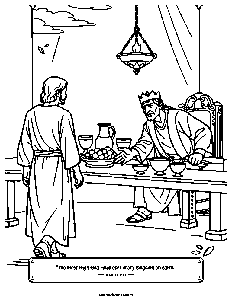 Daniel 5 coloring page - Daniel is called into the banquet hall