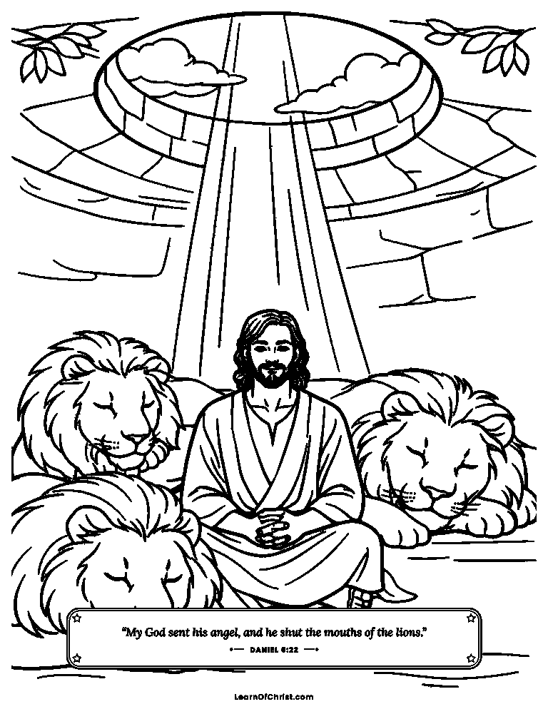 Daniel 6 coloring page - Daniel sits safely among the lions